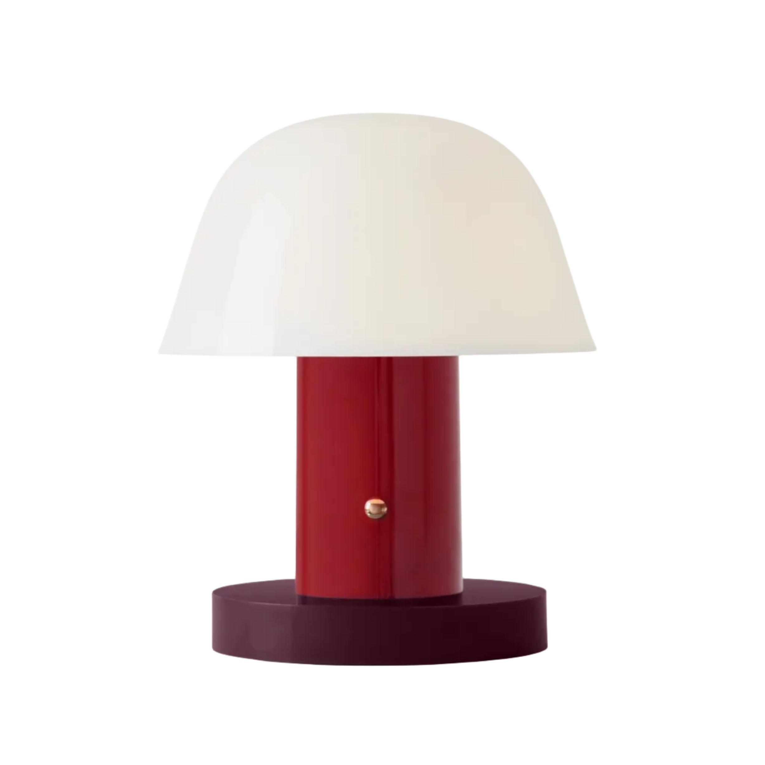 Prenosná lampa SETAGO JH27 s krémovým tienidlo a tmavočerveným podstavcom.