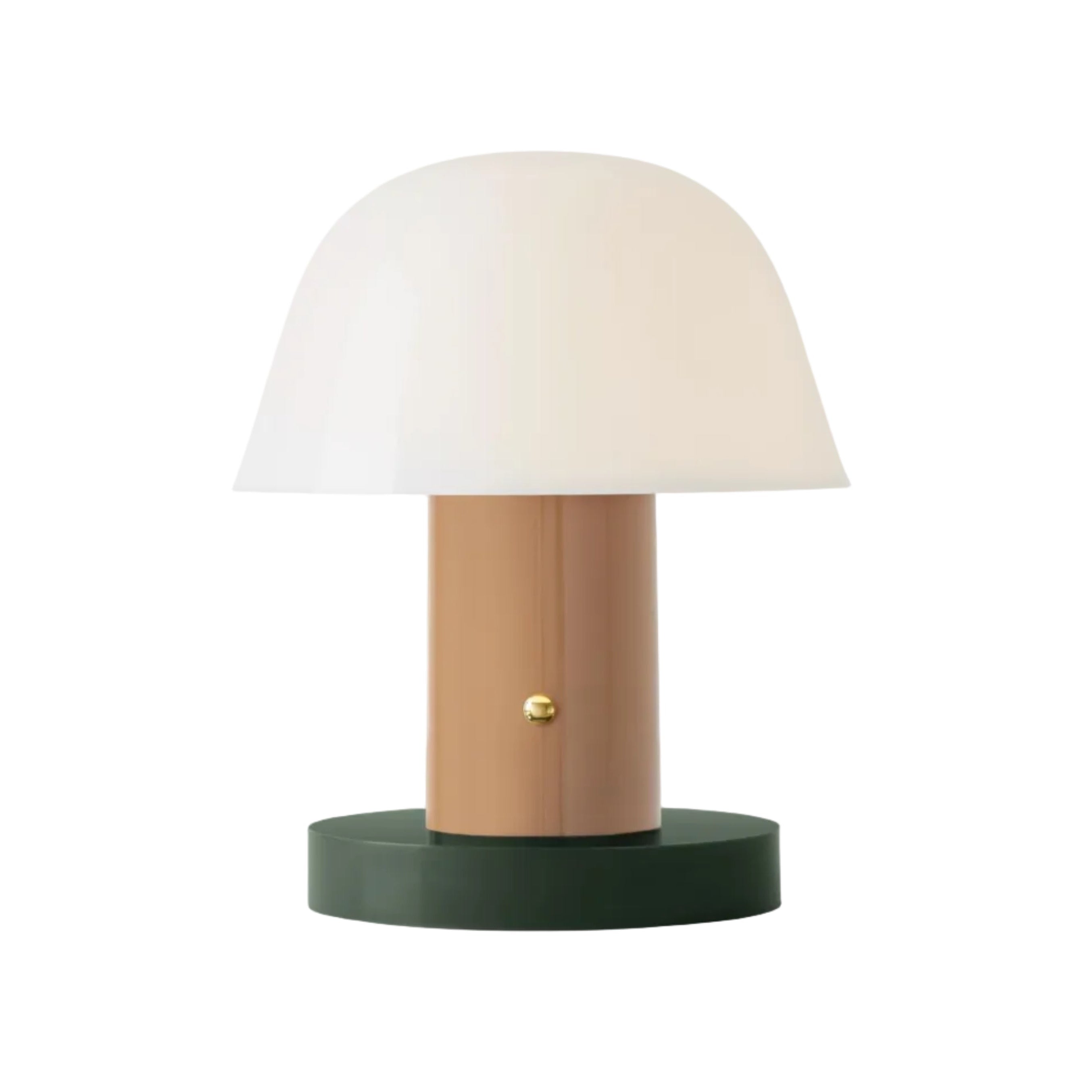 Prenosná lampa SETAGO JH27 s krémovým tienidlo a béžovo-zeleným podstavcom.