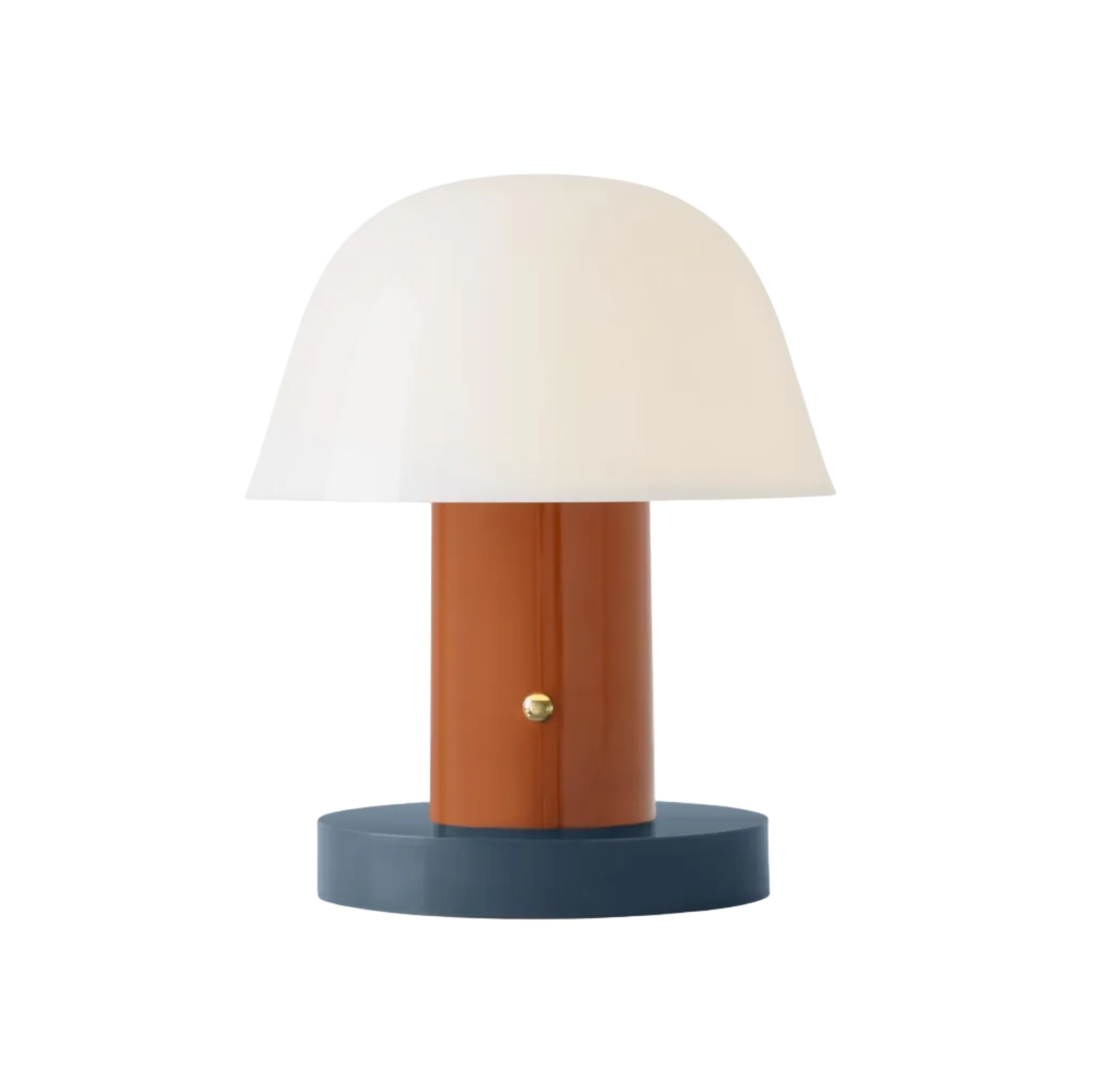 Prenosná lampa SETAGO JH27 s krémovým tienidlo a oranžovo-modrým podstavcom.
