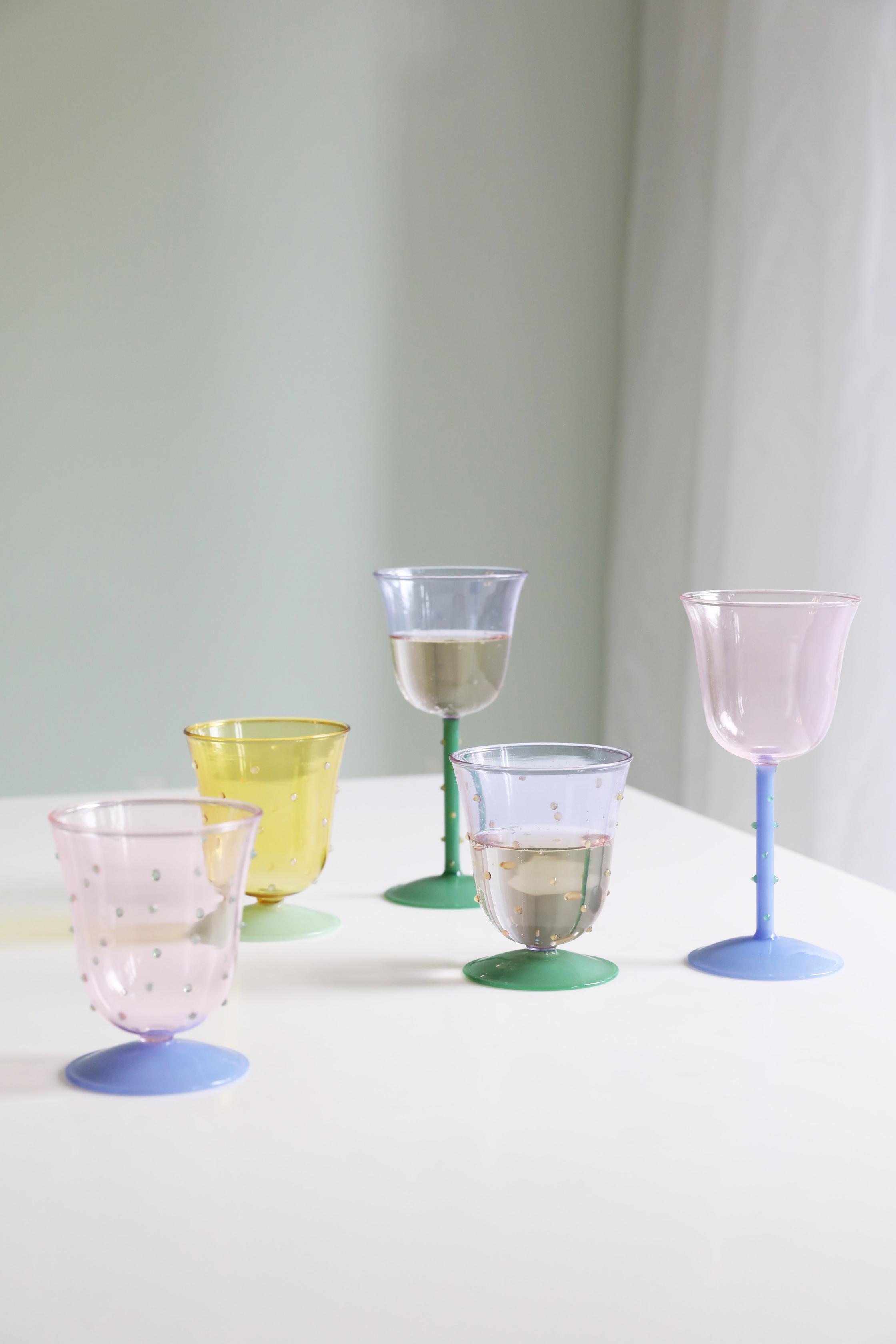 Set of Glass Goblets DOT Blue with Pink