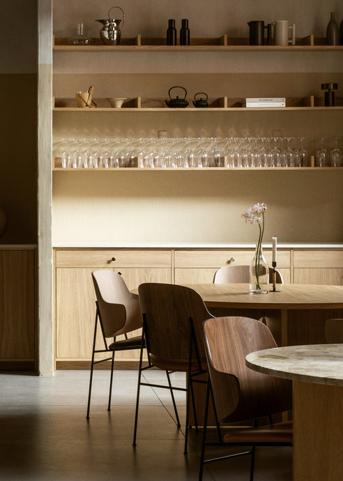 Round table ANDROGYNE gray marble with oak base