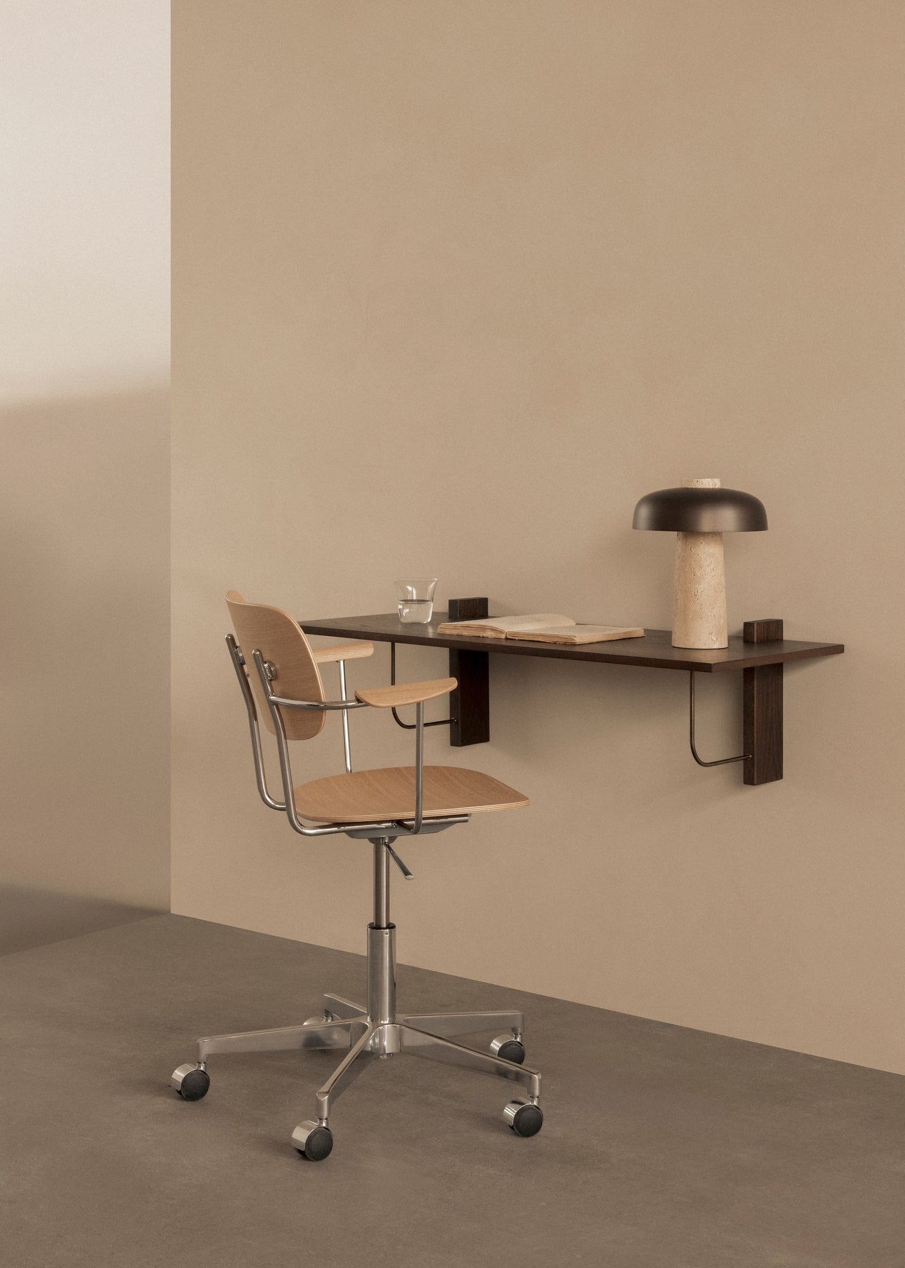 REVERSE table lamp with a brown shade and a stone base