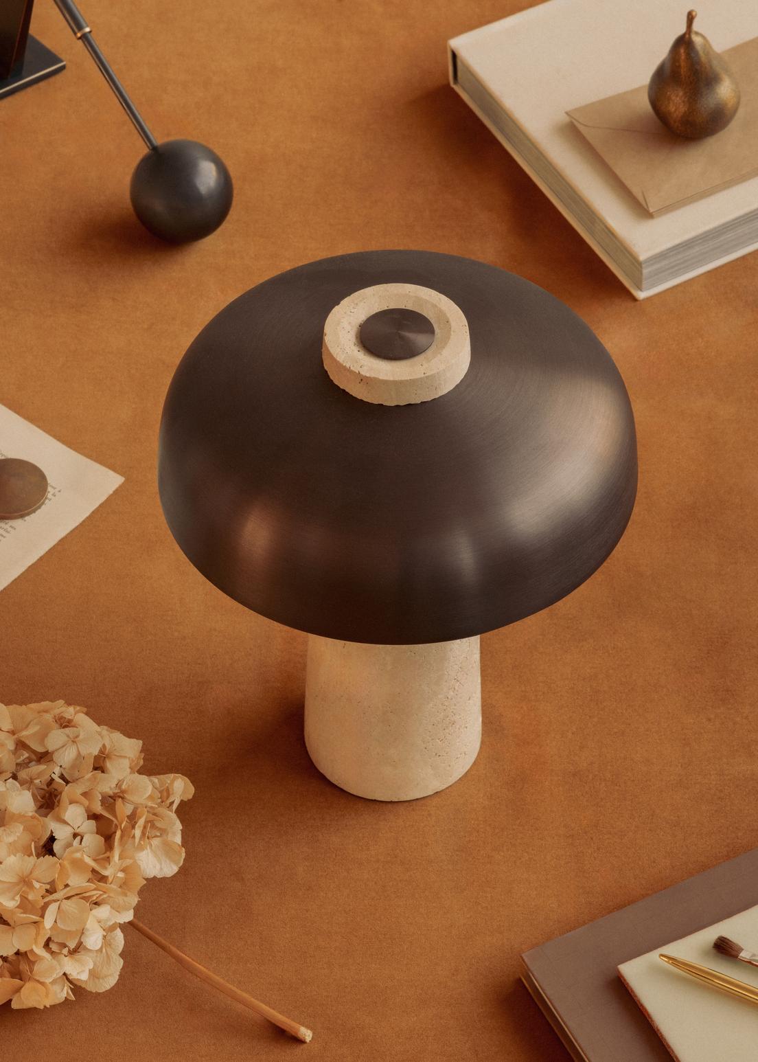 REVERSE table lamp with a brown shade and a stone base