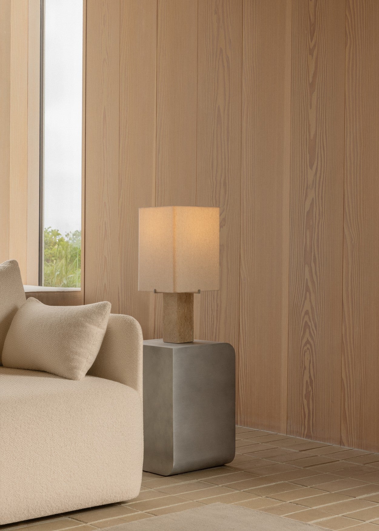 NONNA table lamp with travertine base and linen shade
