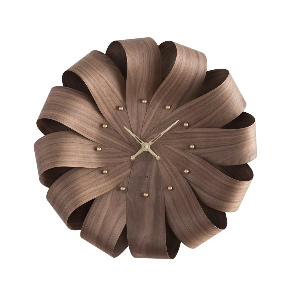 BRISA wall clock in walnut wood with brass finish
