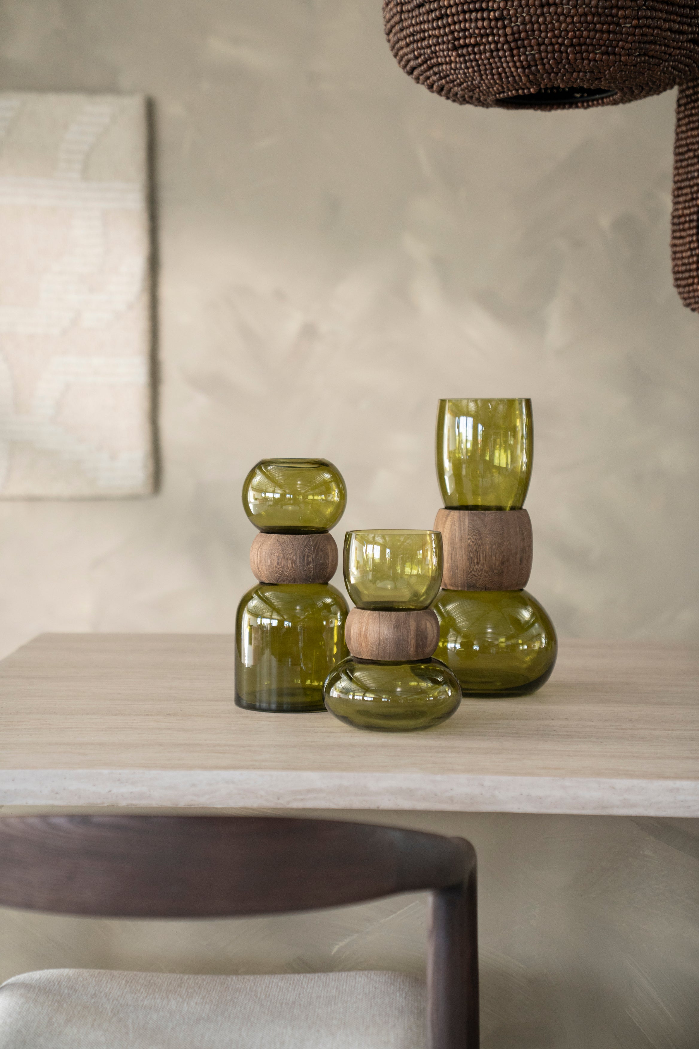 VERRA vase beige glass with wood