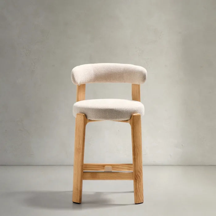 GRANITE beige chenille stool with an ash base