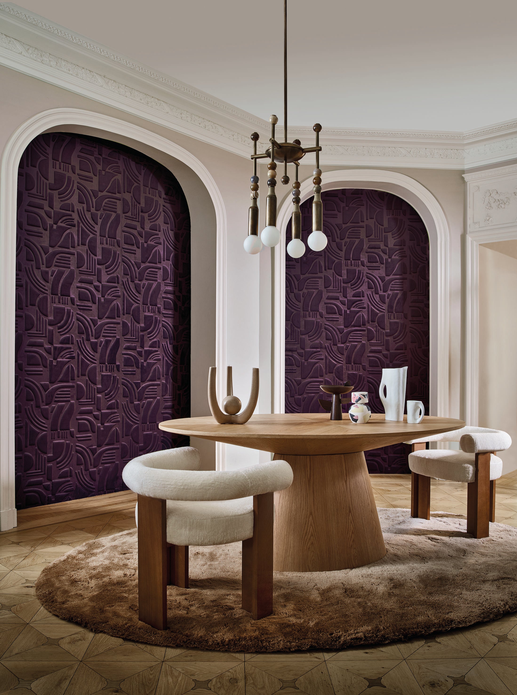 Structural textile wallpaper with geometric pattern ARCANE - AUBERGINE burgundy