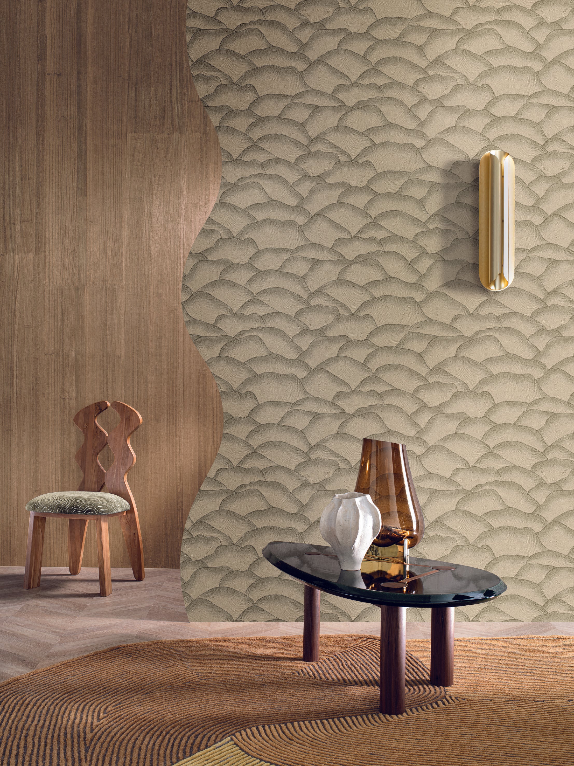 Structural wallpaper imitating fabric with an abstract wave pattern ONDULA ébène