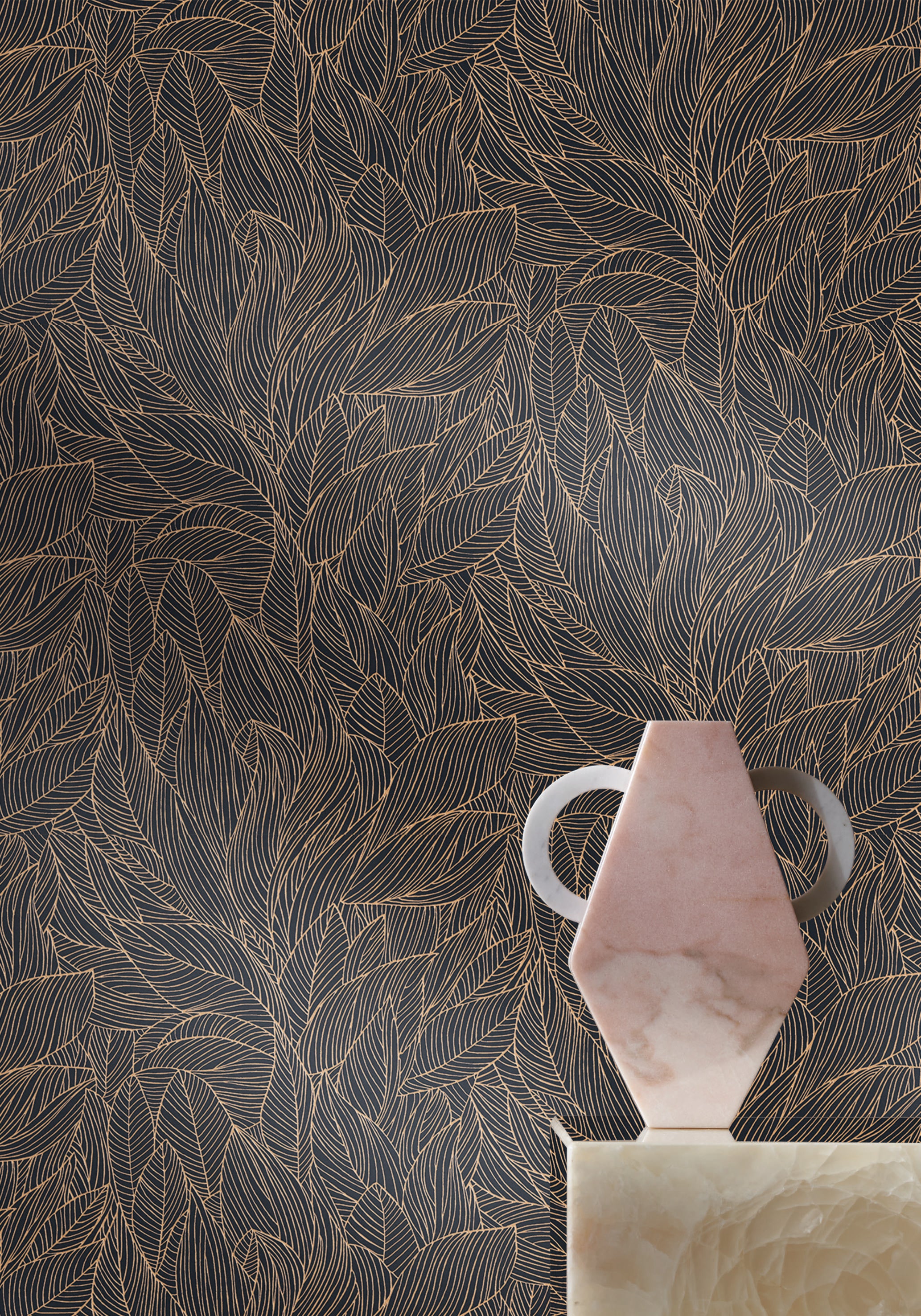 Wallpaper with a plant leaf motif and metallic effect HOSTA - NOIR/DORÉ black with gold