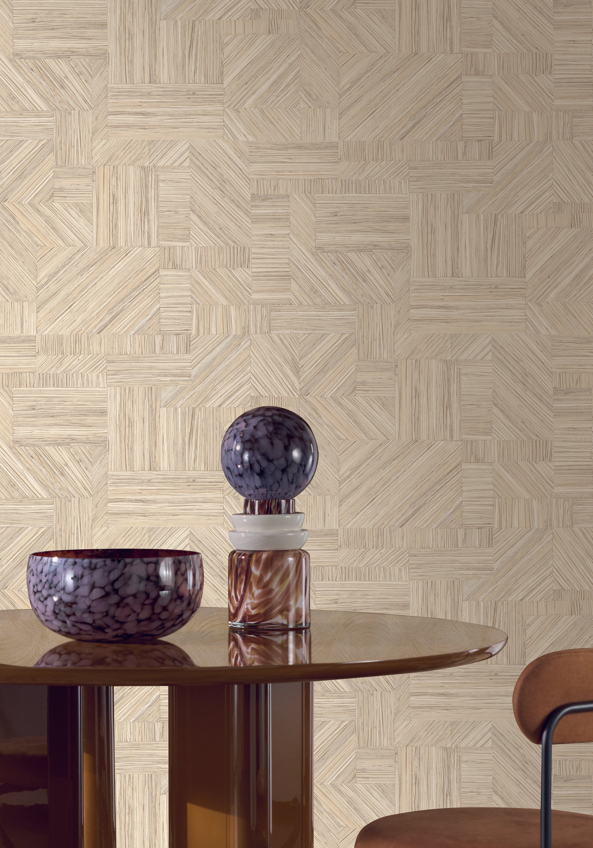 Geometric Structural Wallpaper Imitating Straw Patchwork IMBRICATION - SÉPIA Rusty Brown