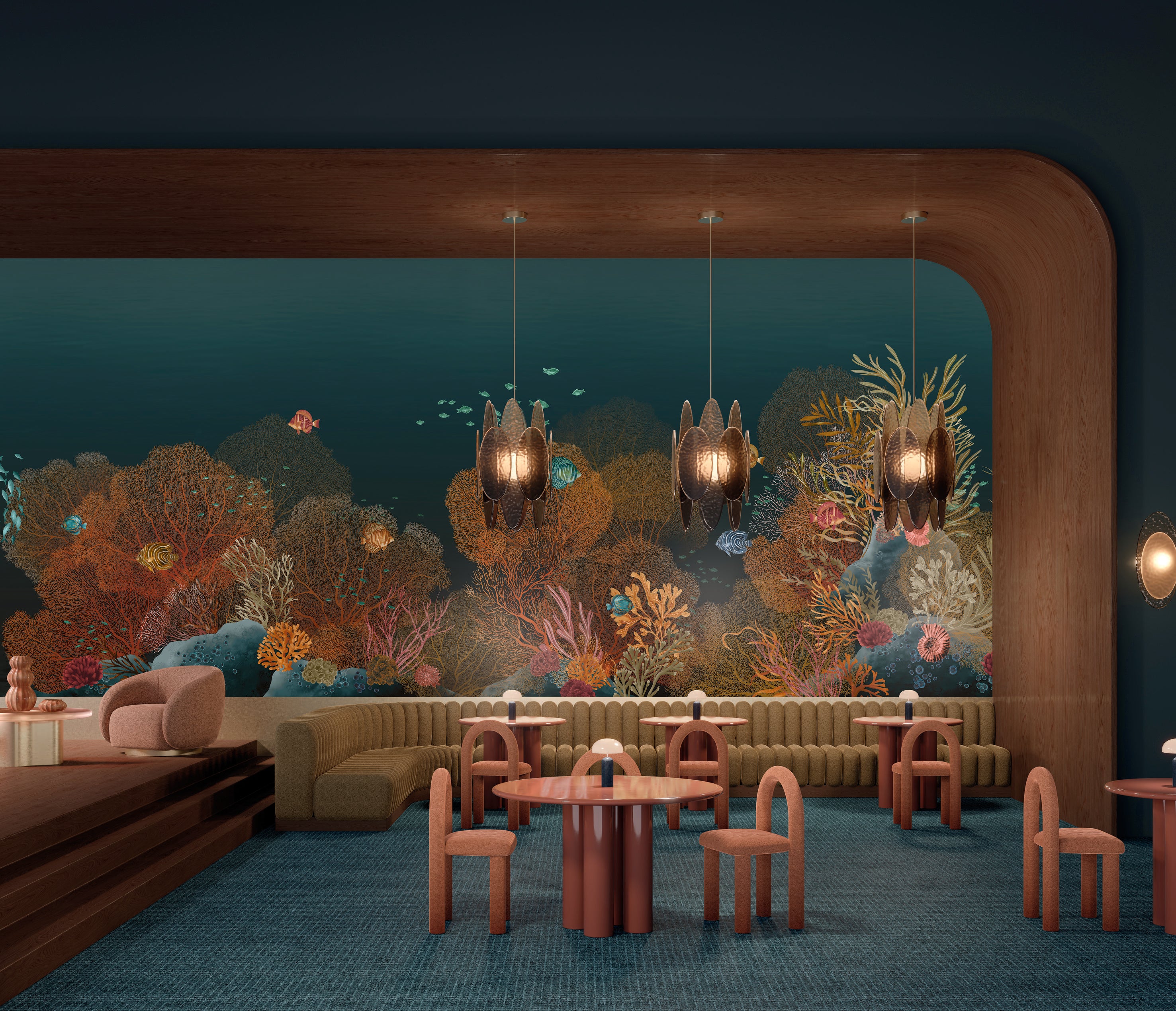 Mural with a marine motif POLYNESIE - MARINE/MULTICO navy blue with brown