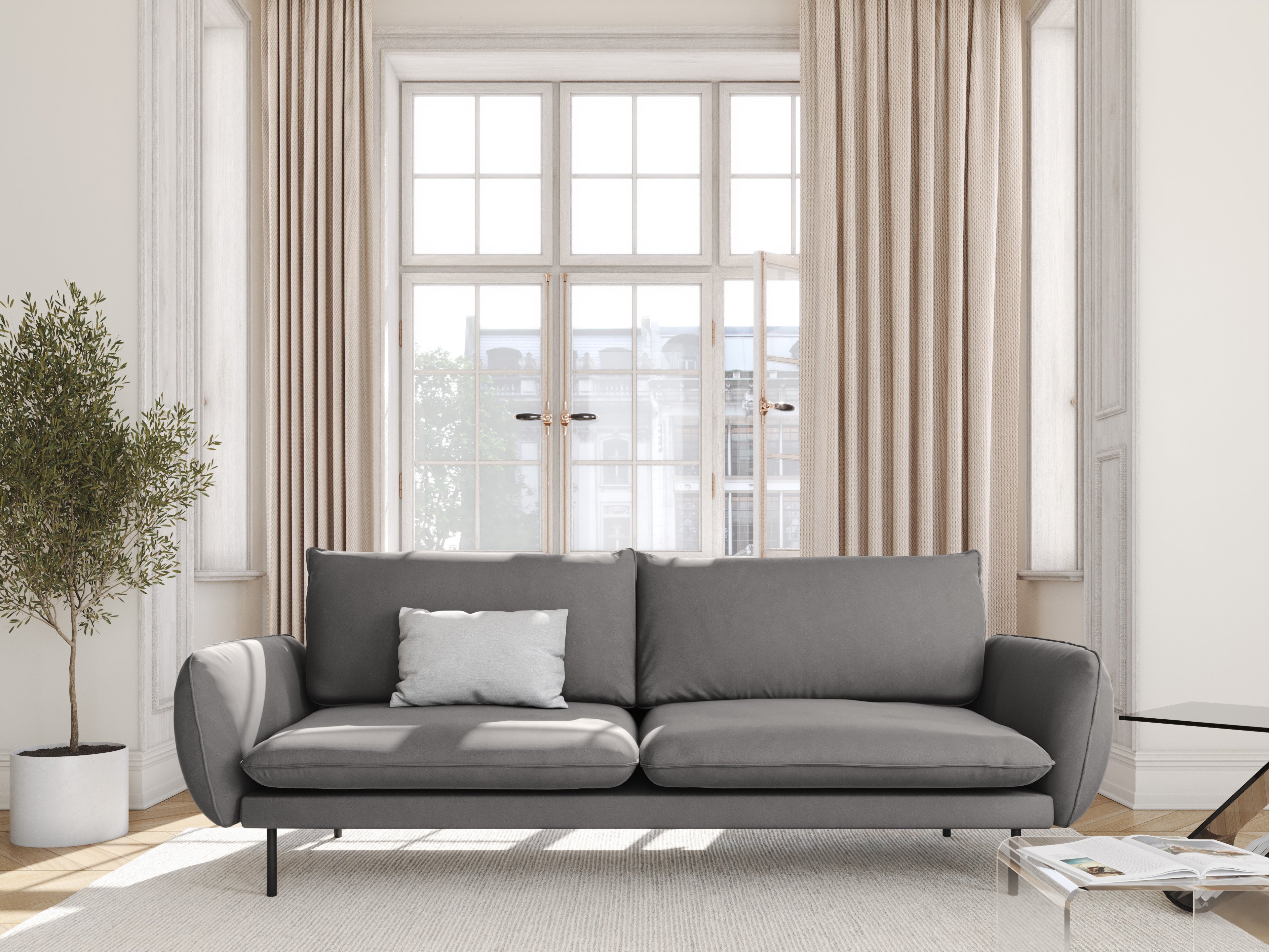 Velvet sofa for 4 people VIENNA light gray with black base
