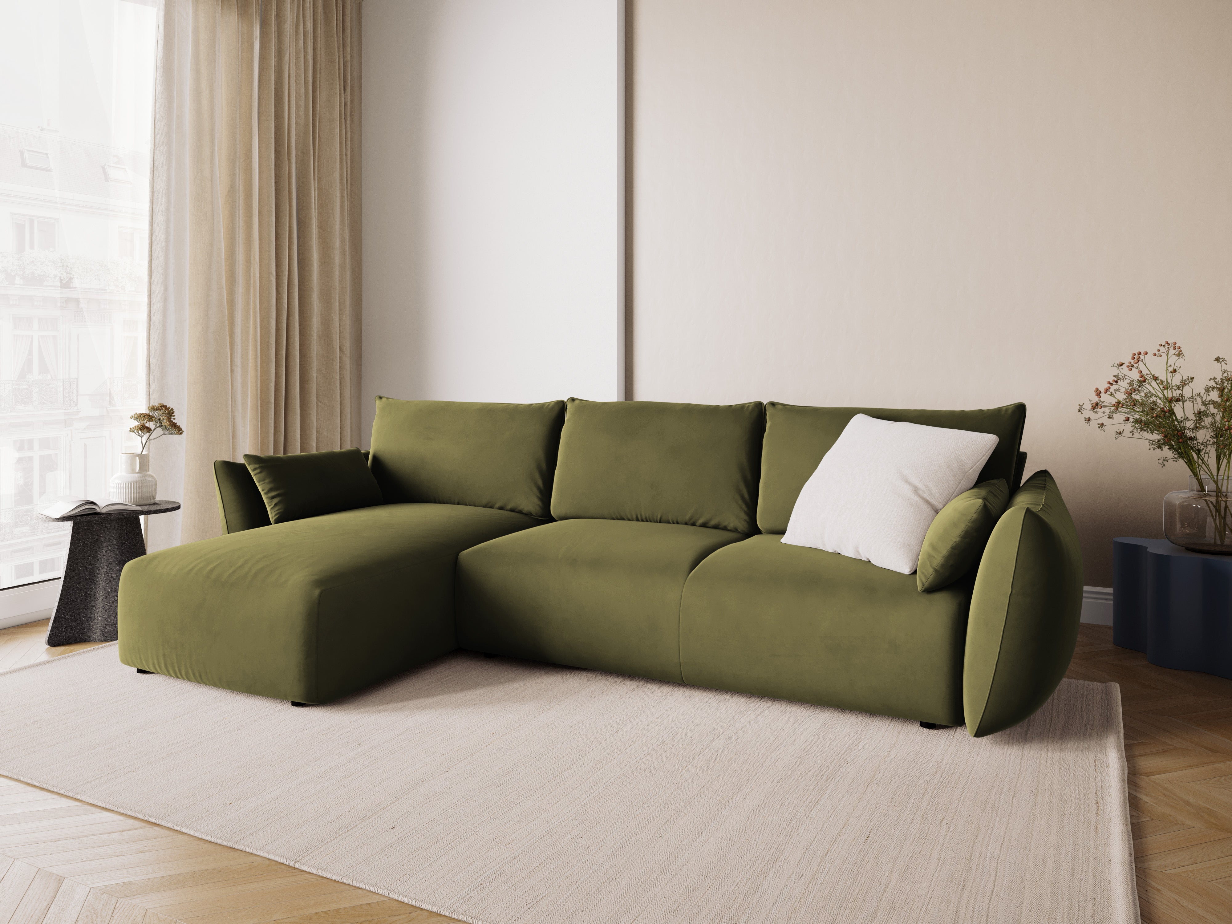 Left-facing velvet corner sofa with sleeping function MATERA in olive green