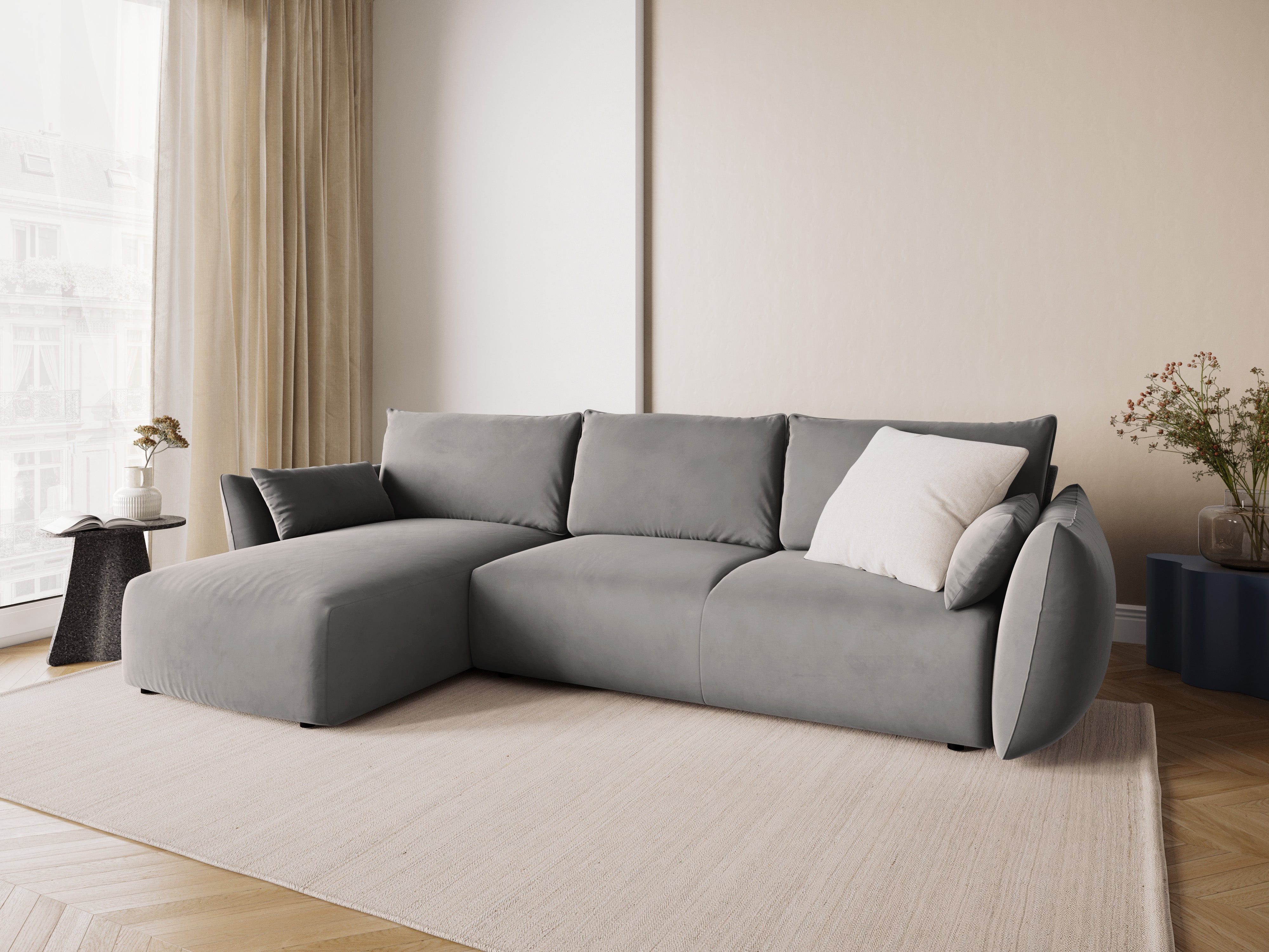 Left-facing velvet corner sofa with sleeping function MATERA gray