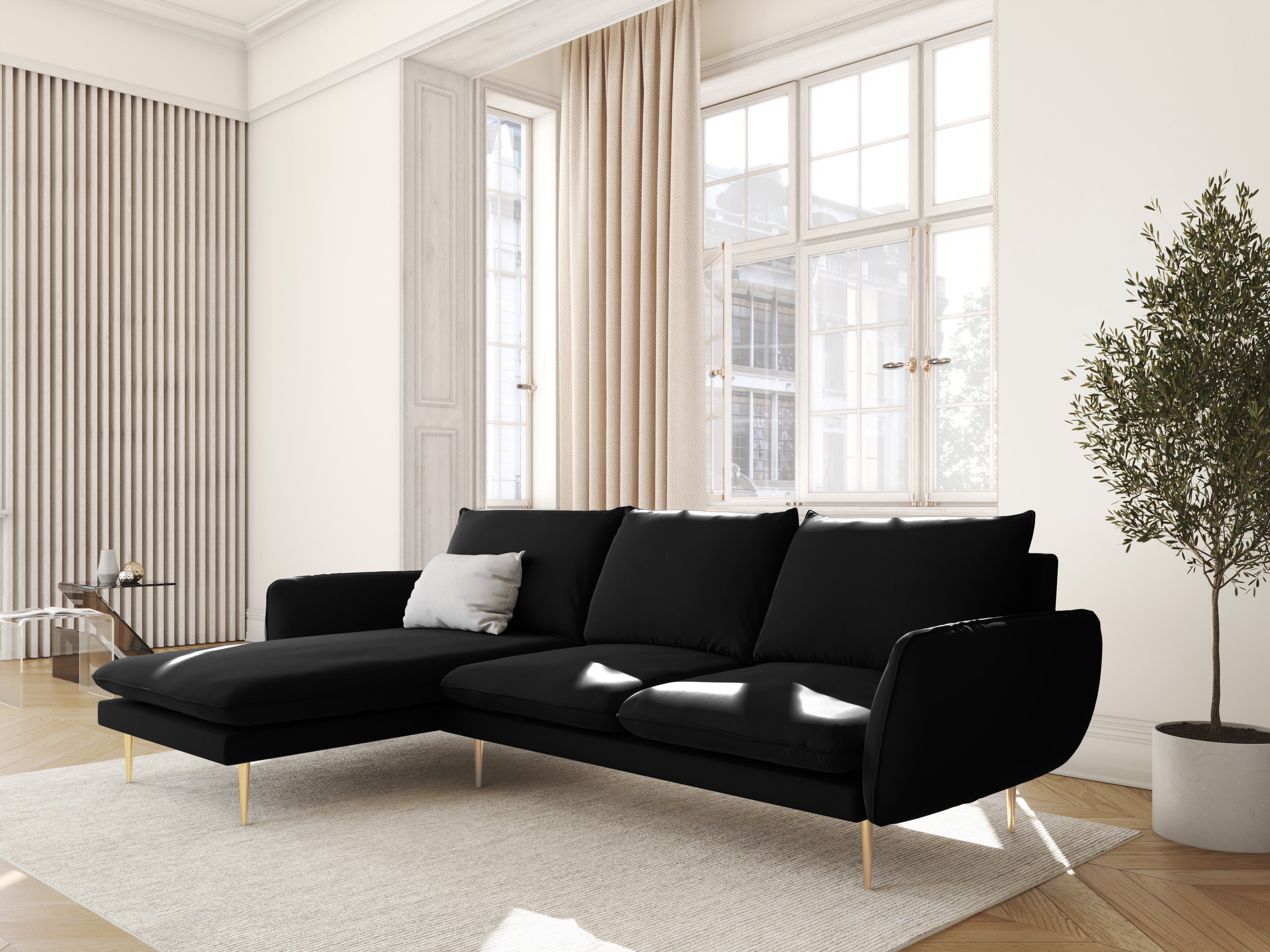 Left-facing velvet corner sofa for 5 people VIENNA in black with a gold base
