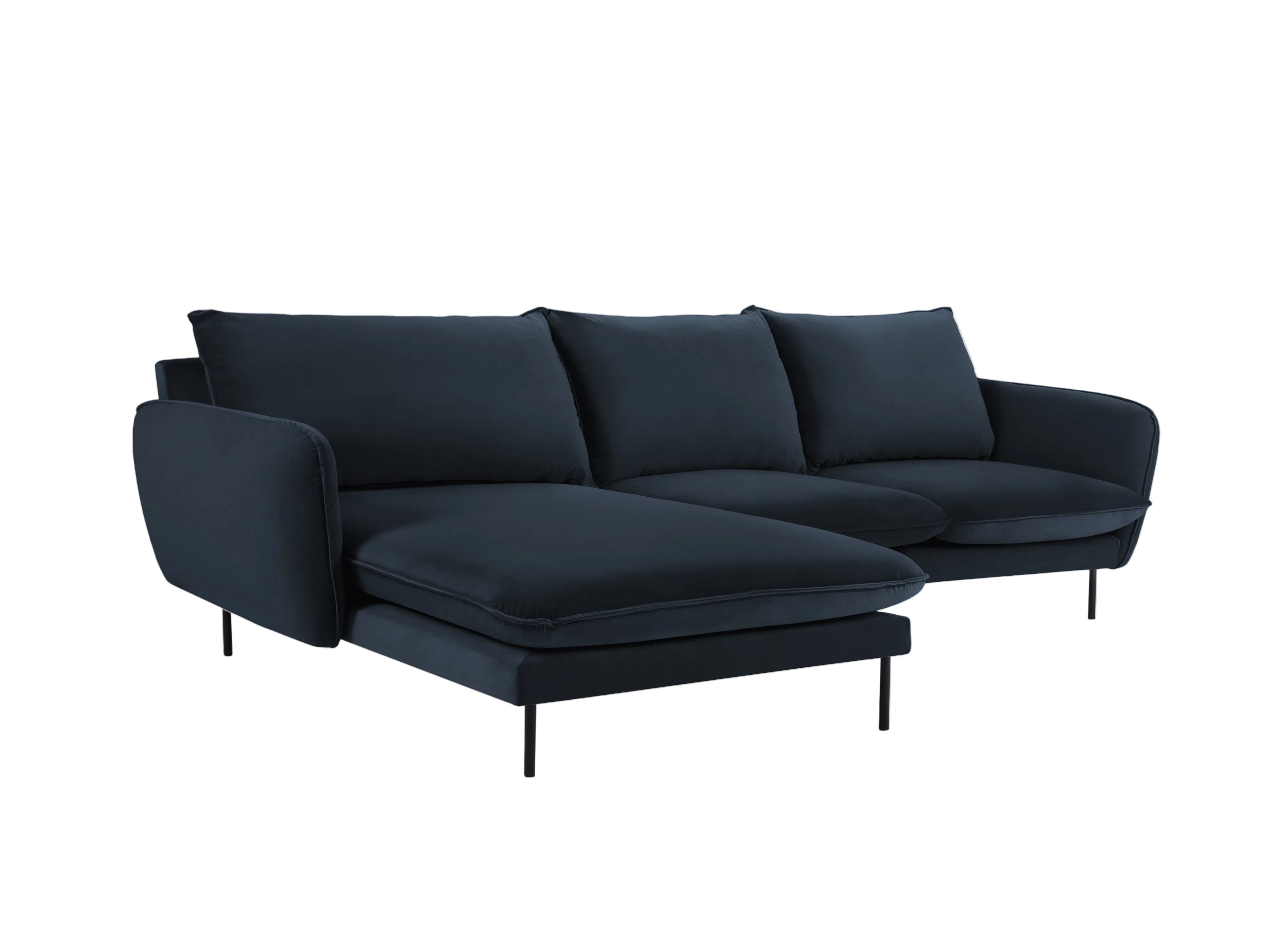 Left-facing velvet corner sofa for 5 people VIENNA in dark blue with a black base