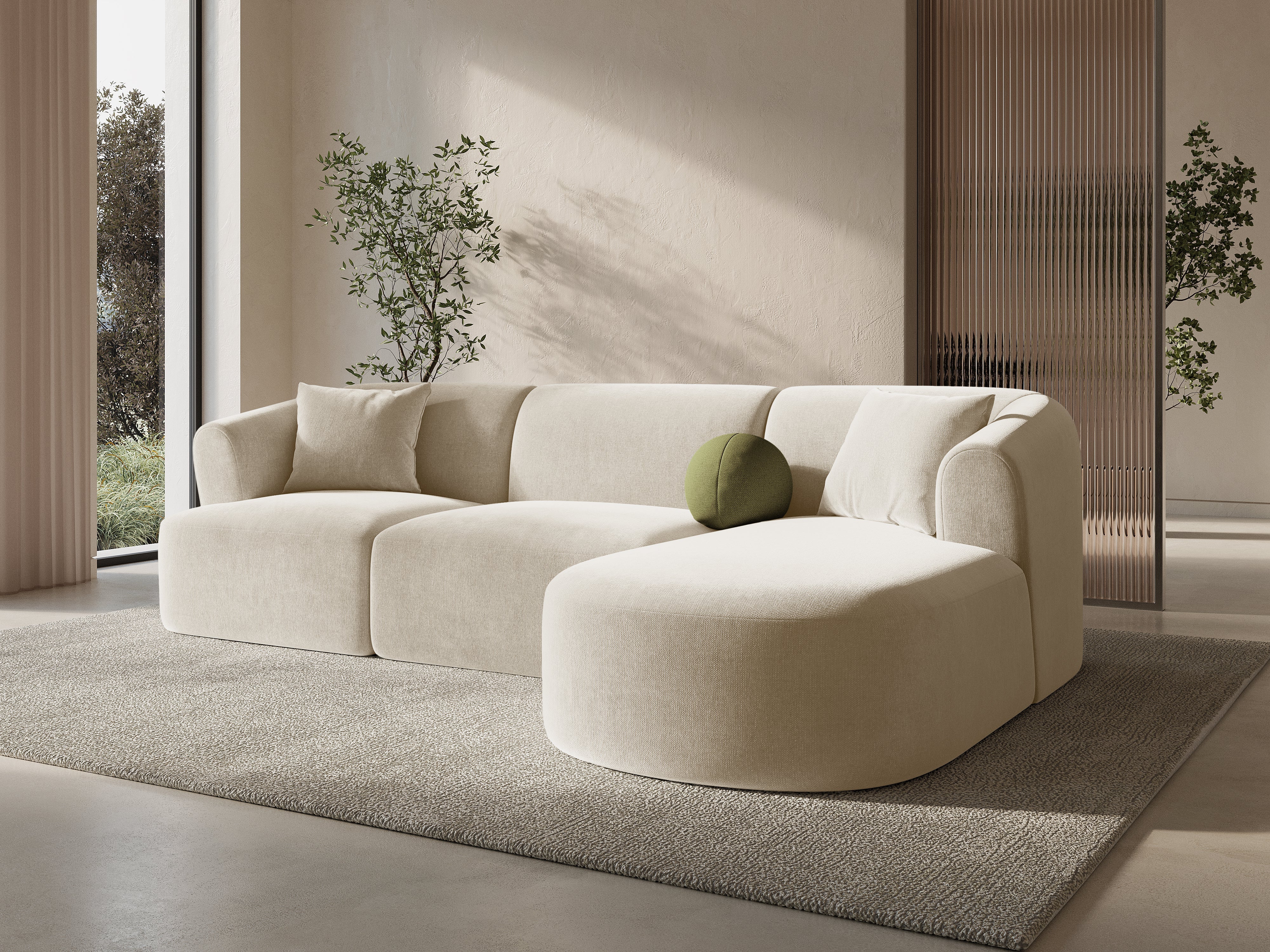 Right-facing velvet corner sofa for 4 people CAMPI light beige