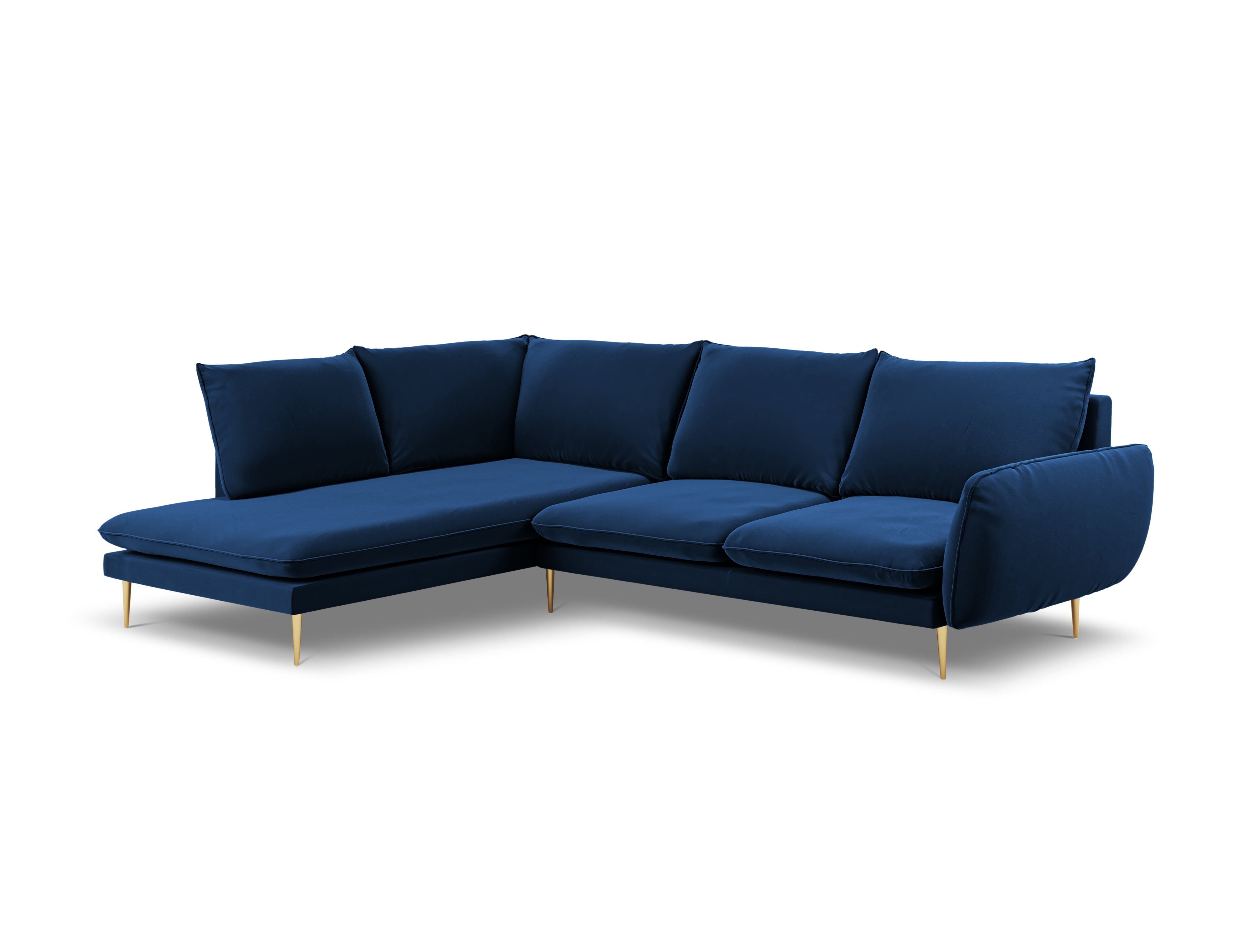 Velvet Corner Sofa for 6 People, Left Side, VIENNA, Royal Blue with Gold Base