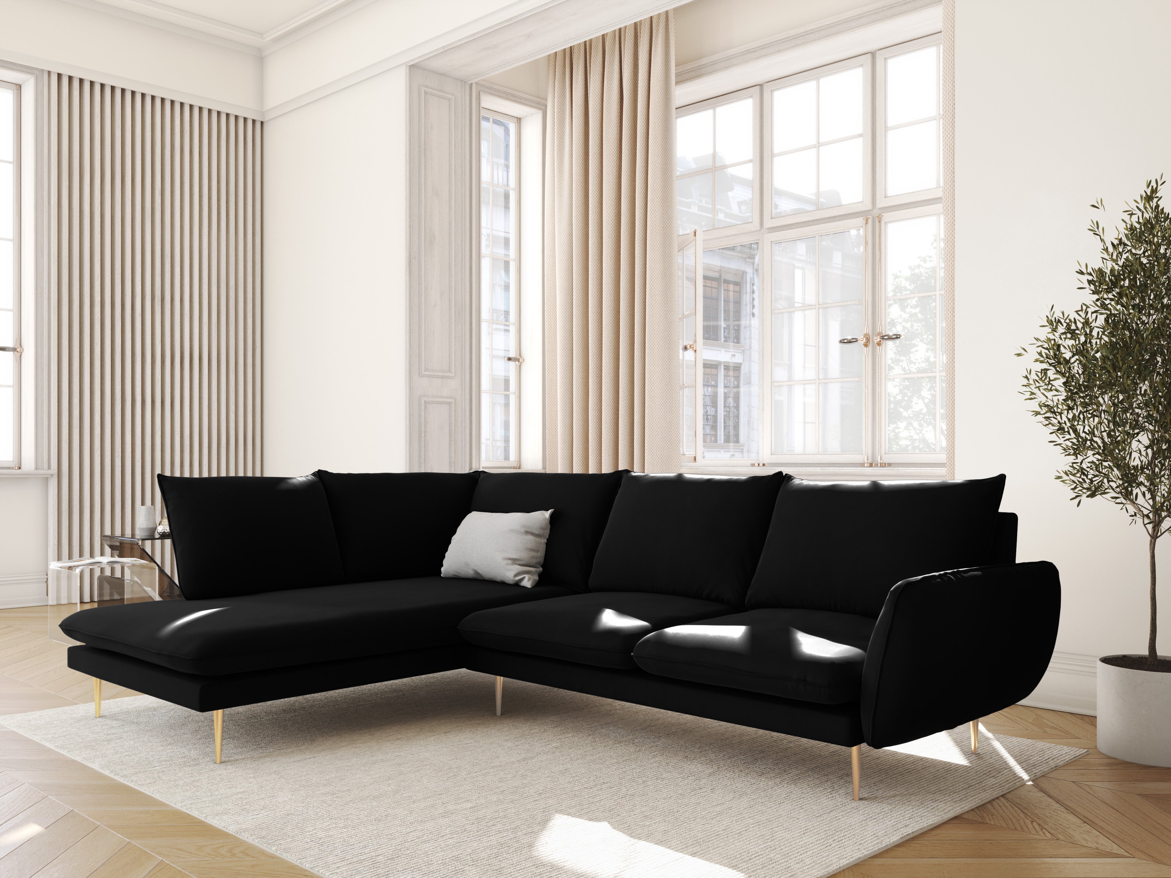 Velvet Corner Sofa for 6 People, Left Side, VIENNA, Black with Gold Base