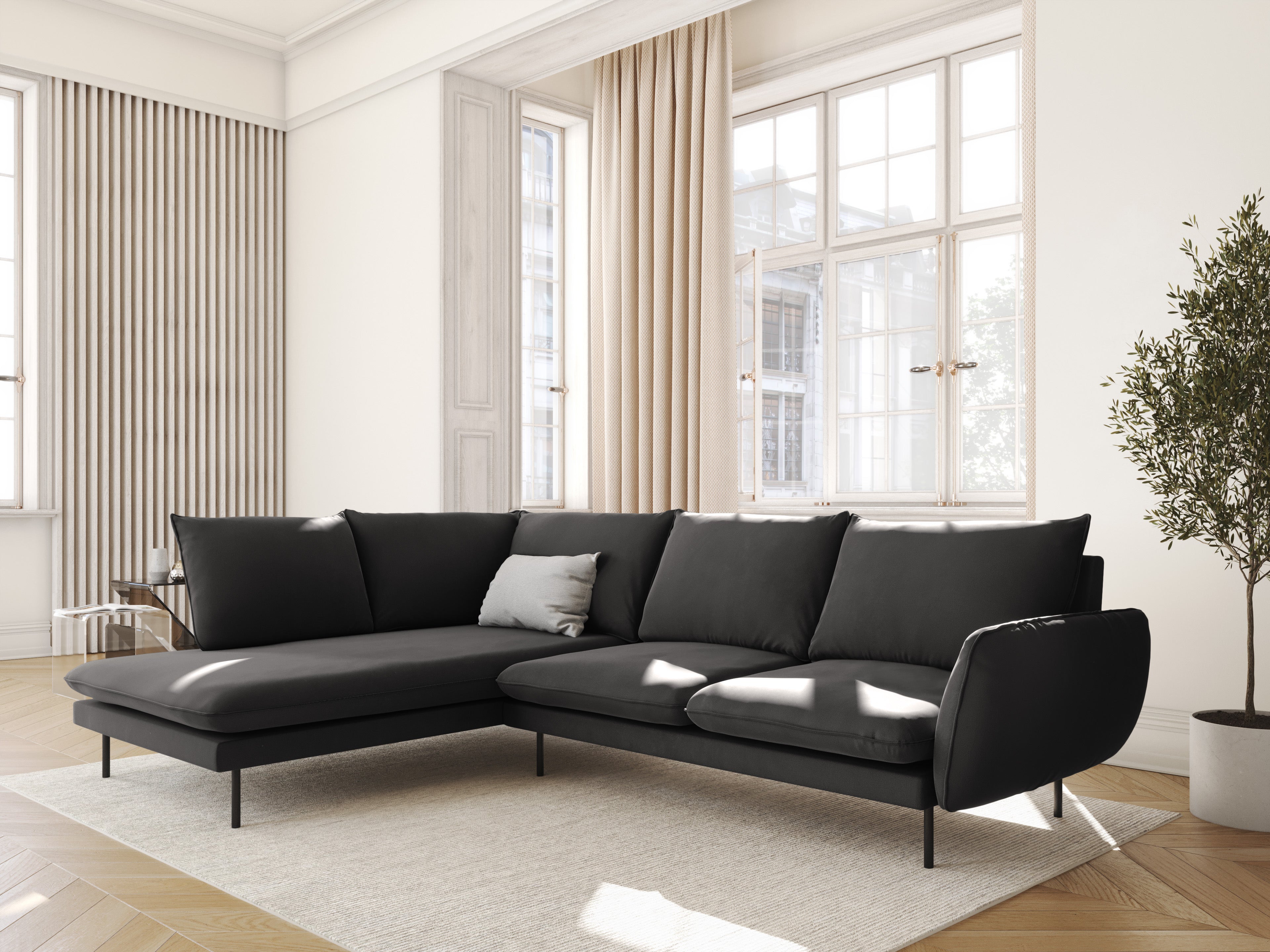 Velvet corner sofa for 6 people, left-facing VIENNA, dark gray with black base