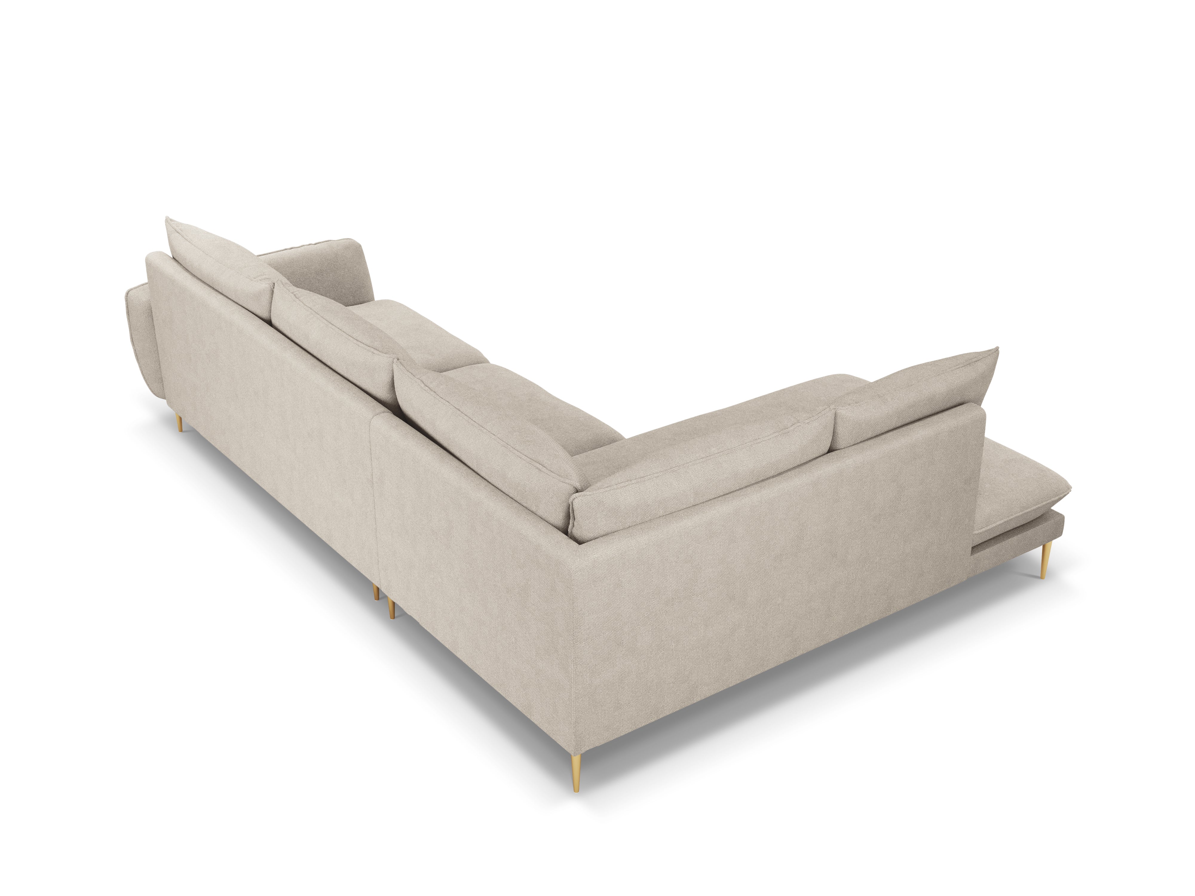 Left-facing 6-seater corner sofa VIENNA in light beige chenille with a gold base
