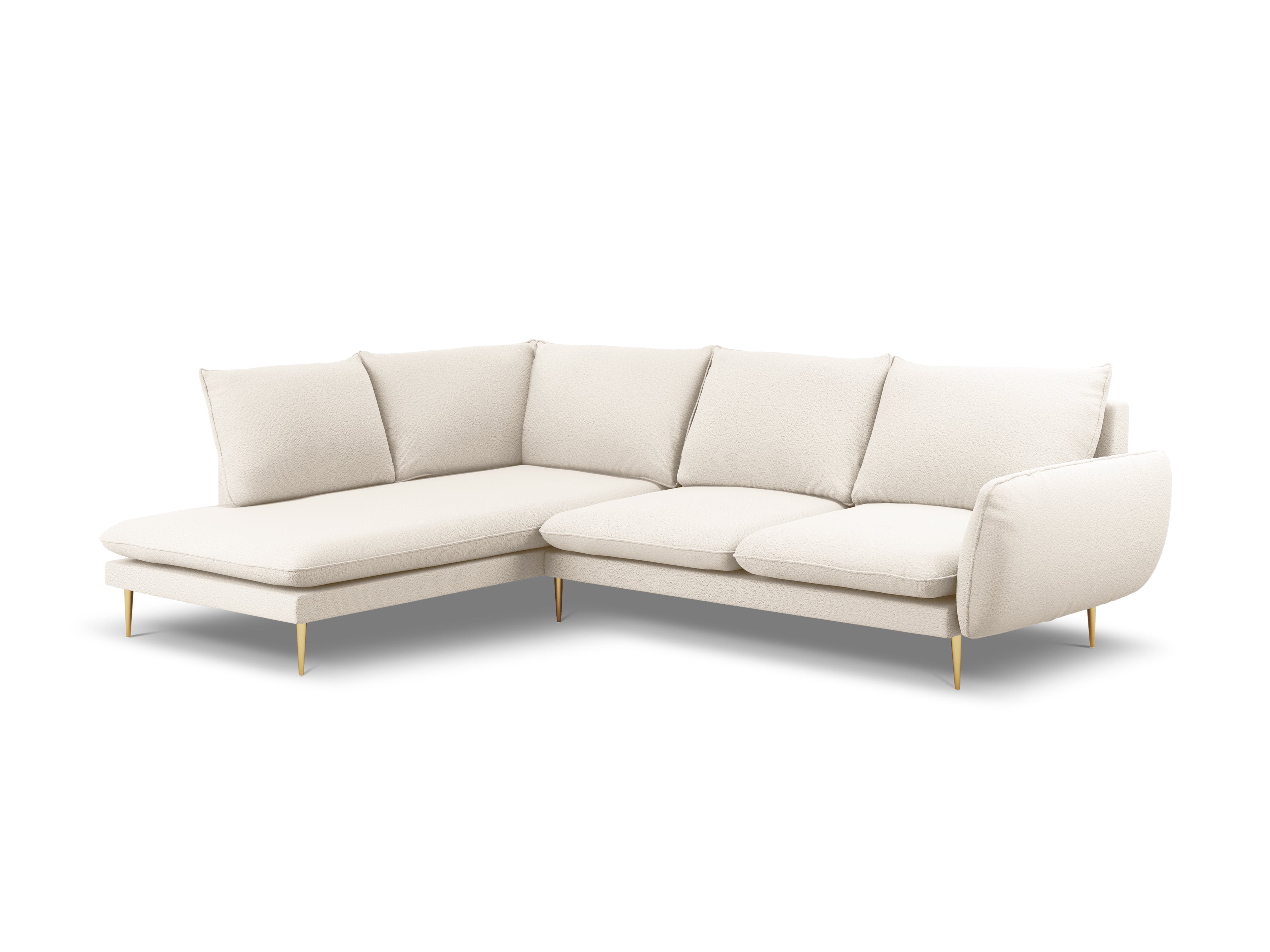 Left-facing 6-seater corner sofa VIENNA in beige boucle with a gold base