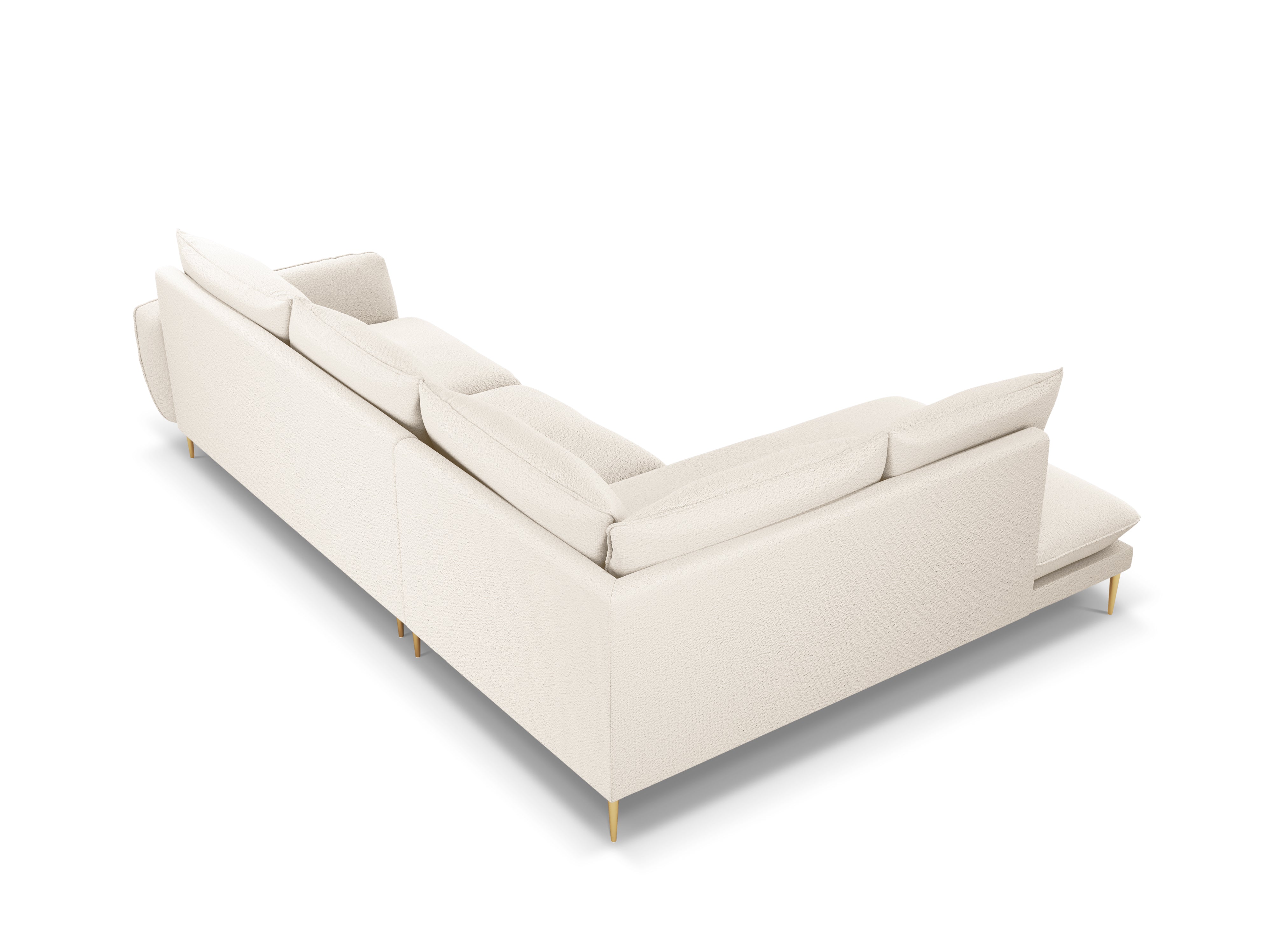 Left-facing 6-seater corner sofa VIENNA in beige boucle with a gold base