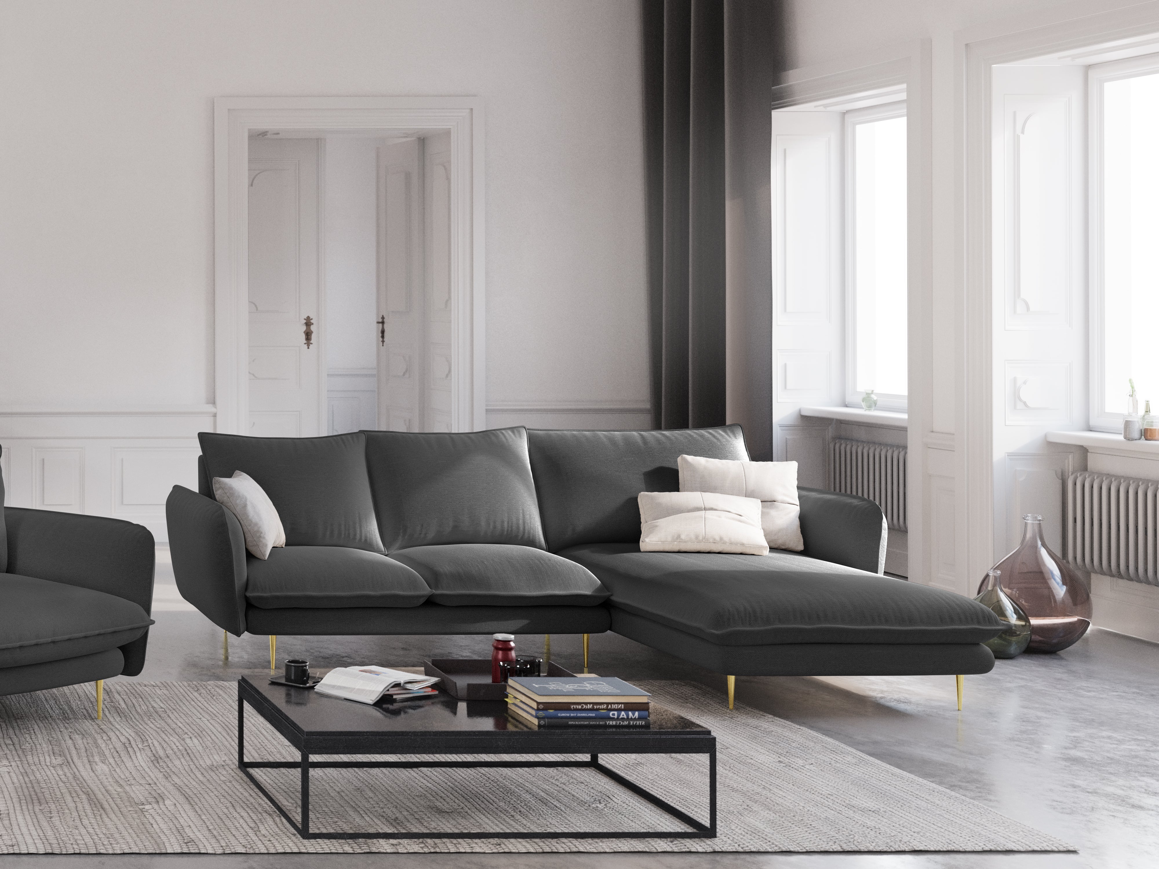 Right-facing 6-seater corner sofa VIENNA in gray chenille with a gold base