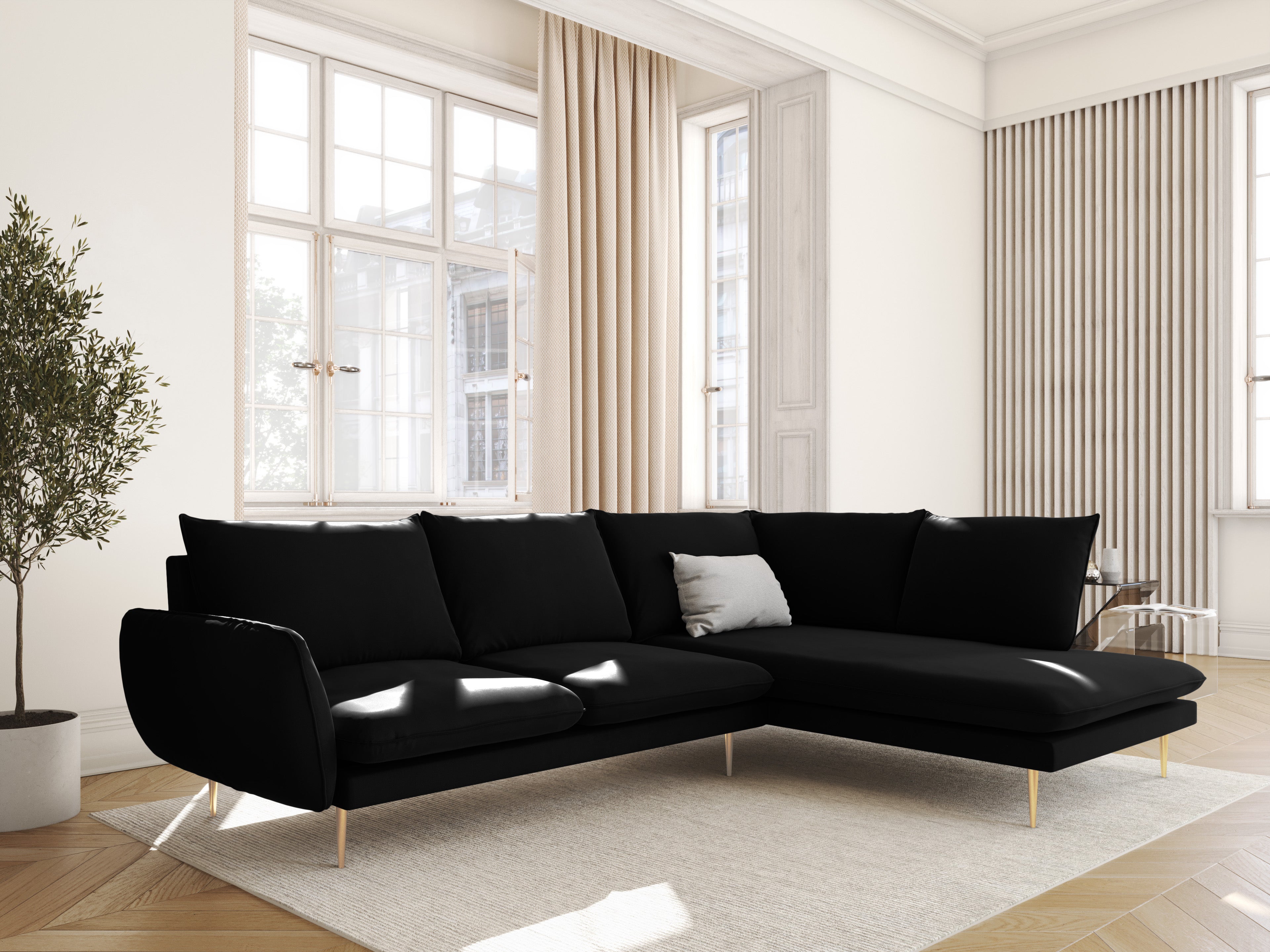Velvet corner sofa for 6 people, right-facing, VIENNA, black with a gold base