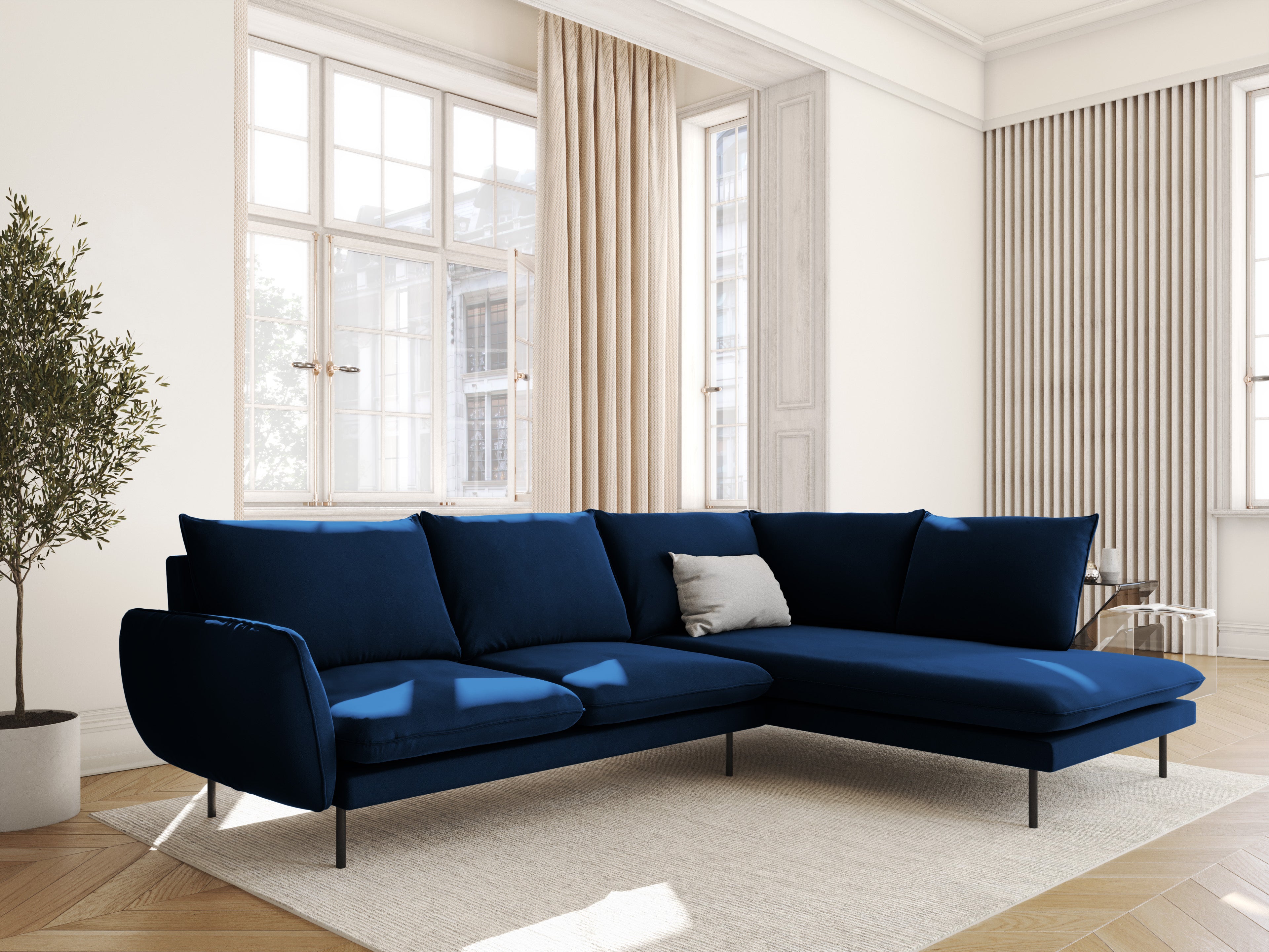 Right-facing velvet corner sofa for 5 people VIENNA in royal blue with a black base