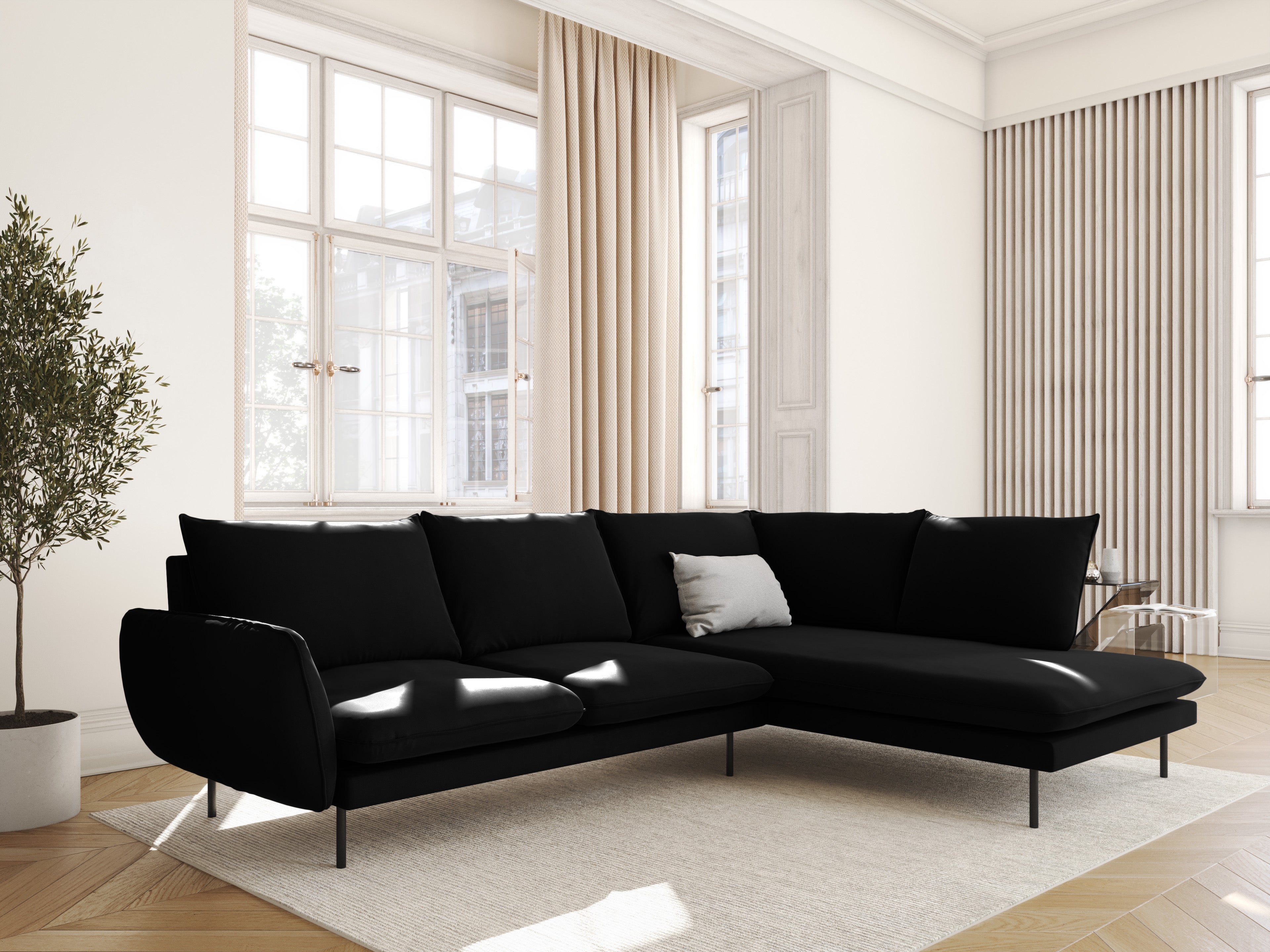 Velvet Corner Sofa for 6 People Right-Hand Side VIENNA Black with Black Base