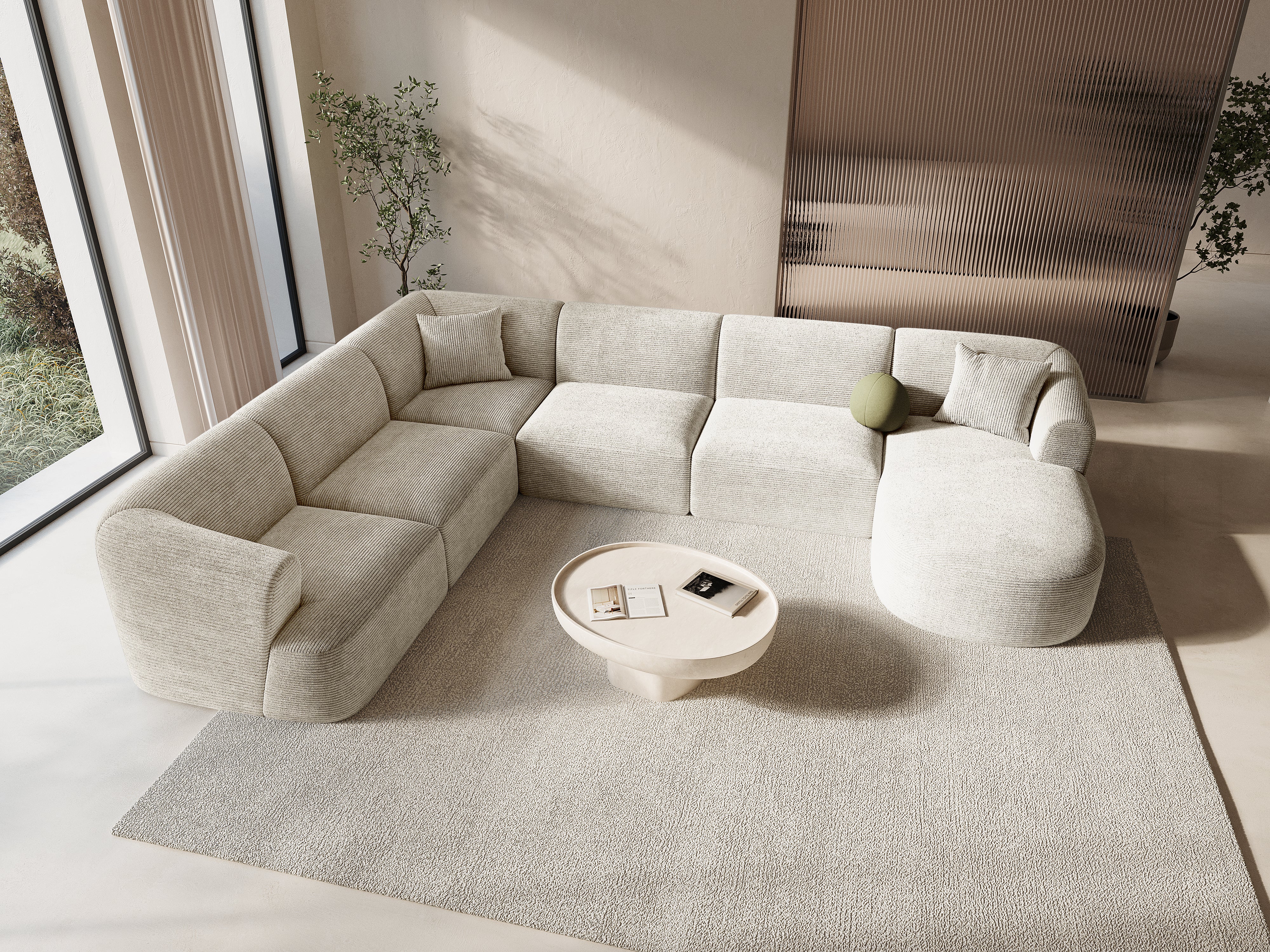 Left-sided panoramic corner sofa for 7 people CAMPI cream corduroy