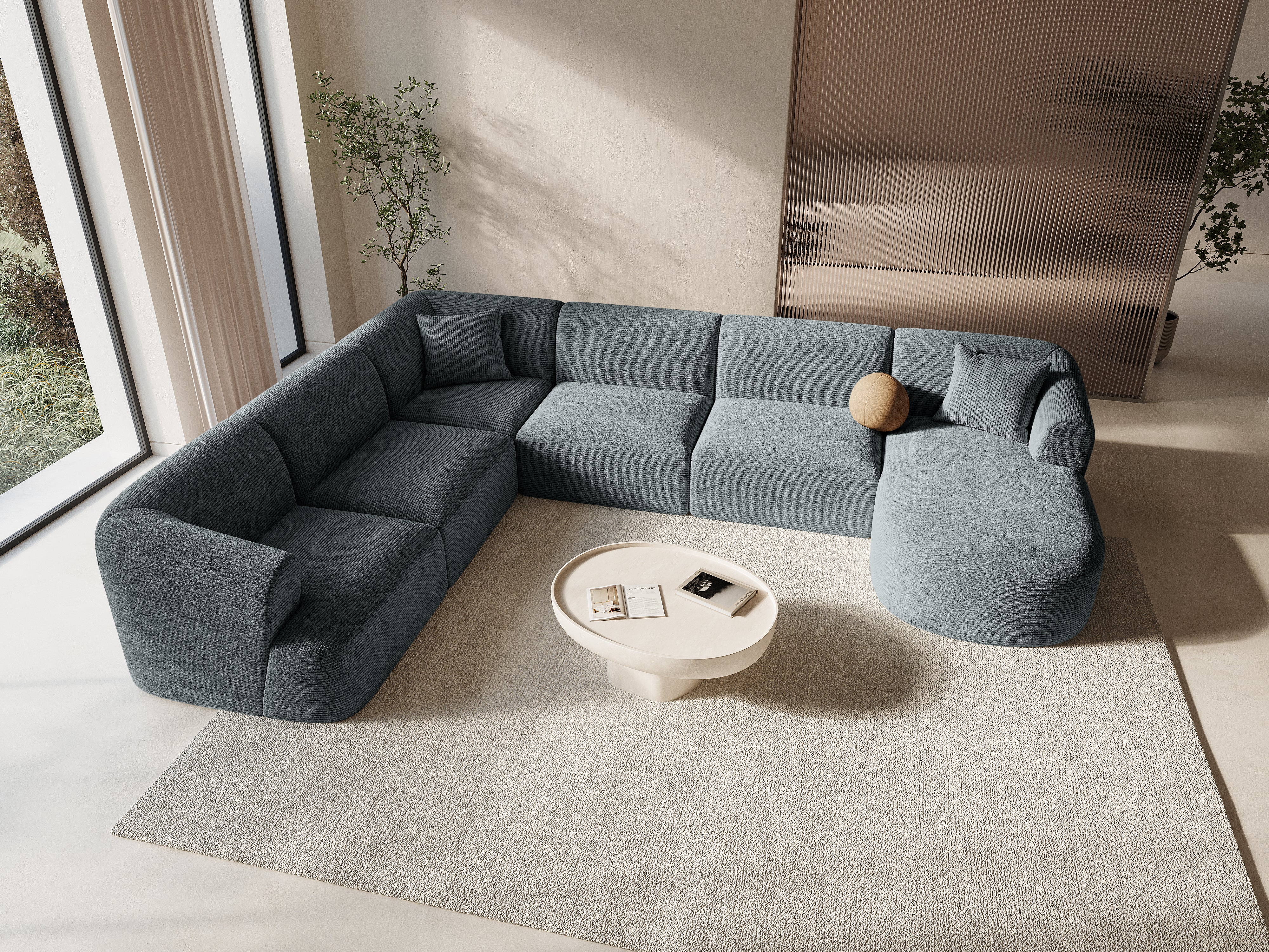 Left-sided panoramic corner sofa for 7 people CAMPI gray corduroy