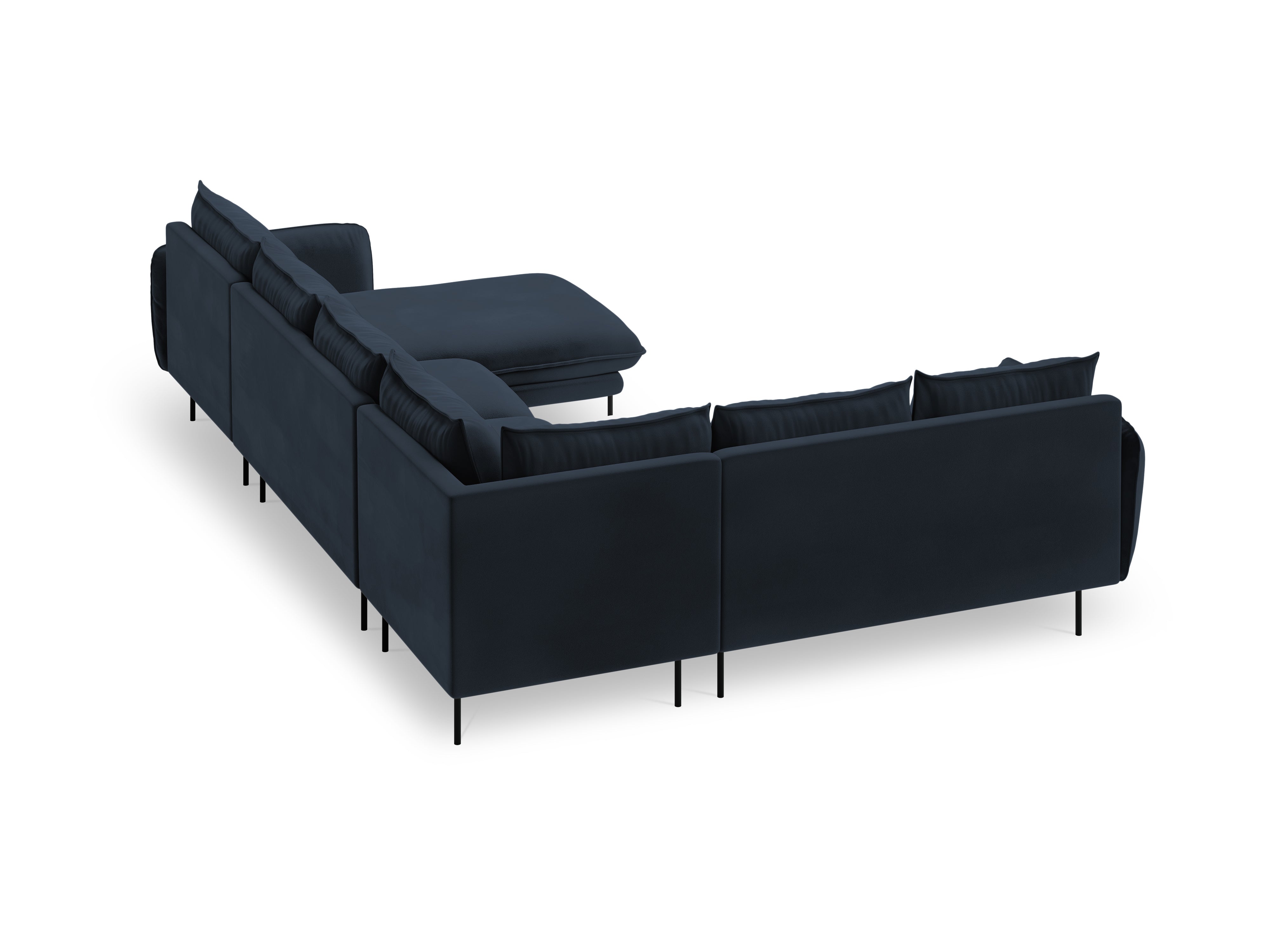 Panoramic Velvet Left-Facing Sofa for 7 People VIENNA in Dark Blue with Black Base