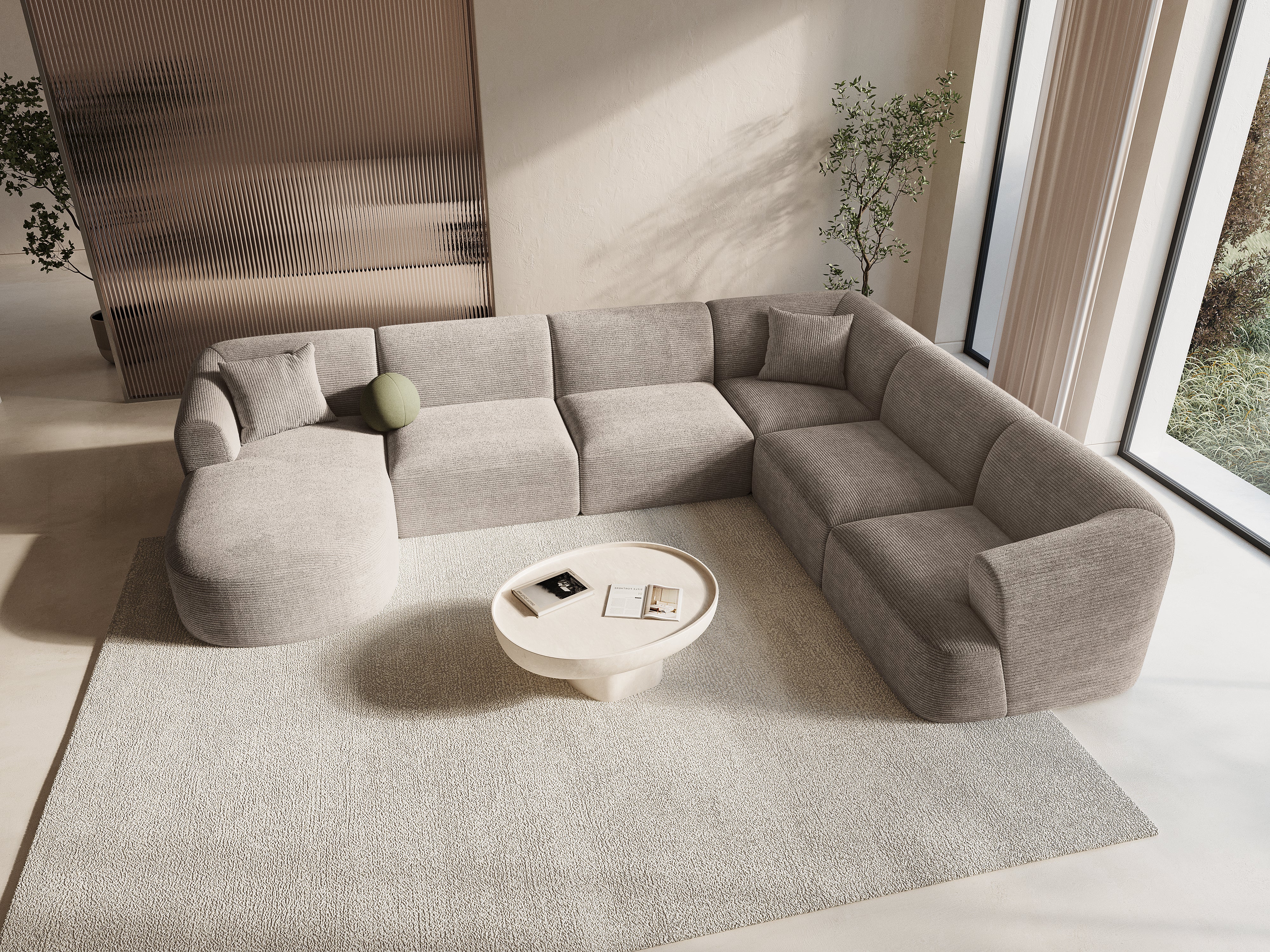 Right-sided panoramic corner sofa for 7 people CAMPI beige corduroy