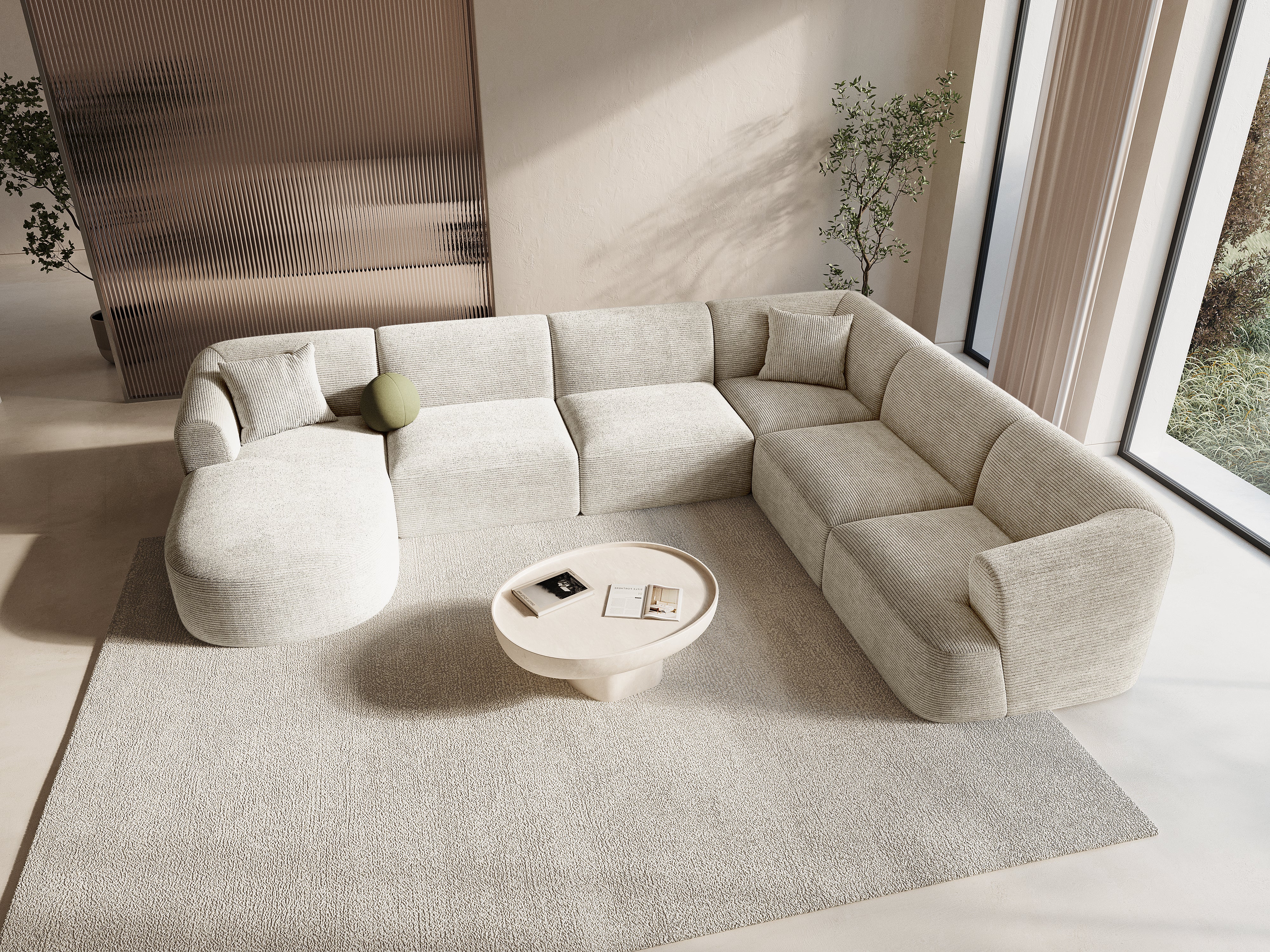Right-facing panoramic corner sofa for 7 people CAMPI cream corduroy