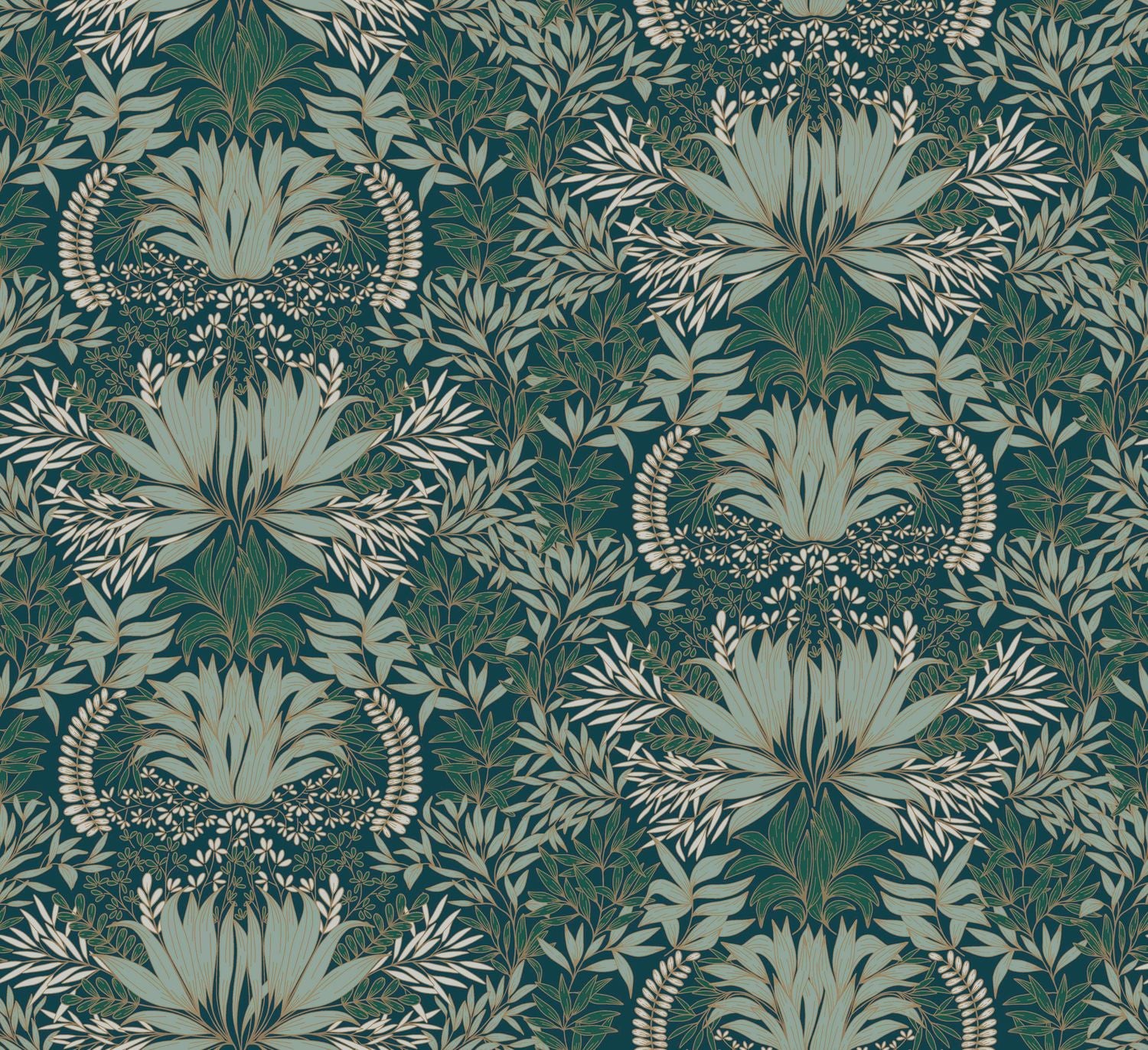 Chardon Wallpaper with Plant Motif - Blue with Celadon Green