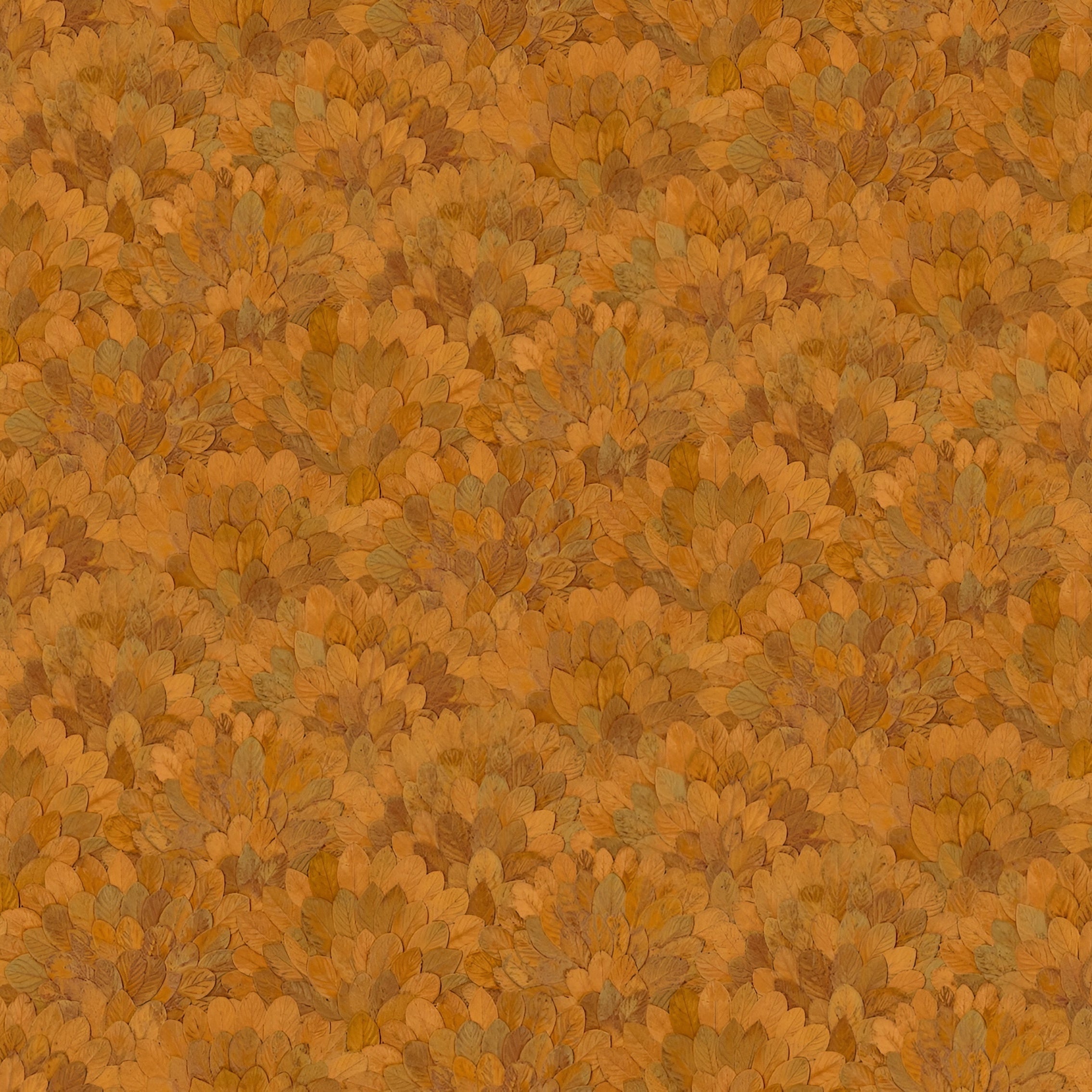 Structural wallpaper with a plant motif of guava leaves FEIJOA - SAFRAN golden orange