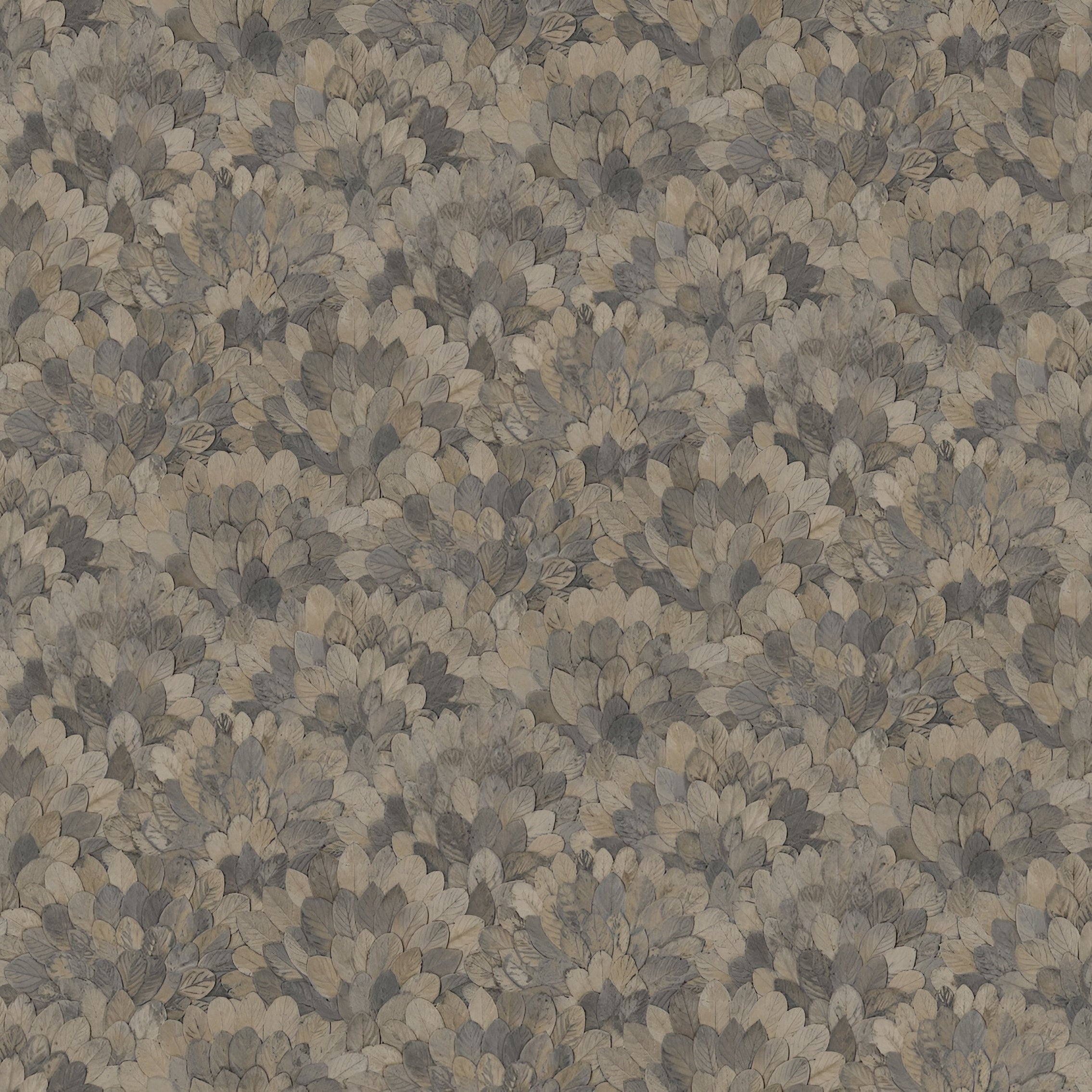 Structural wallpaper with a plant motif of guava leaves FEIJOA - ORAGE warm gray