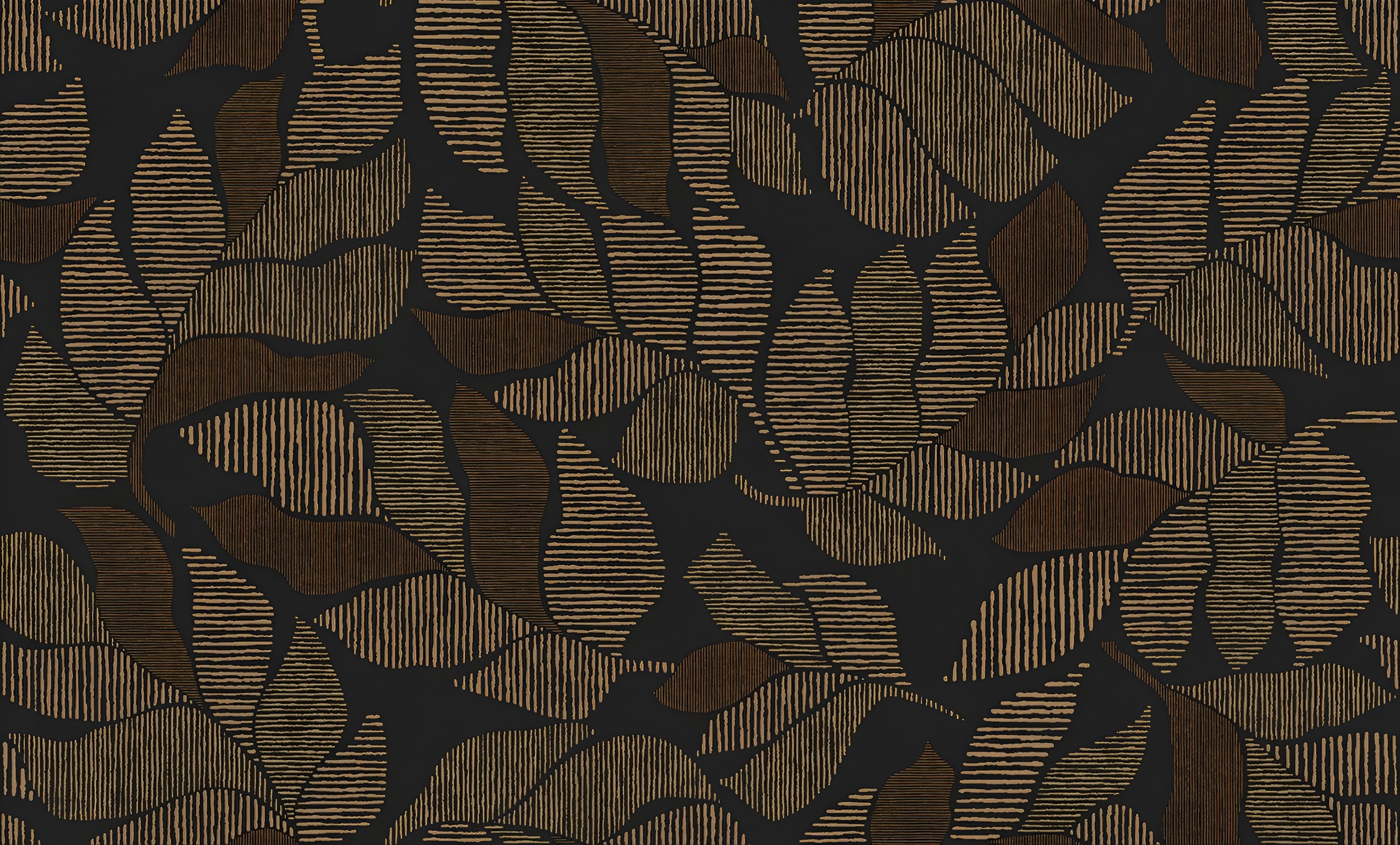 Palm leaf patterned wallpaper with metallic effect LONTARA - NOIR/DORÉ black with gold