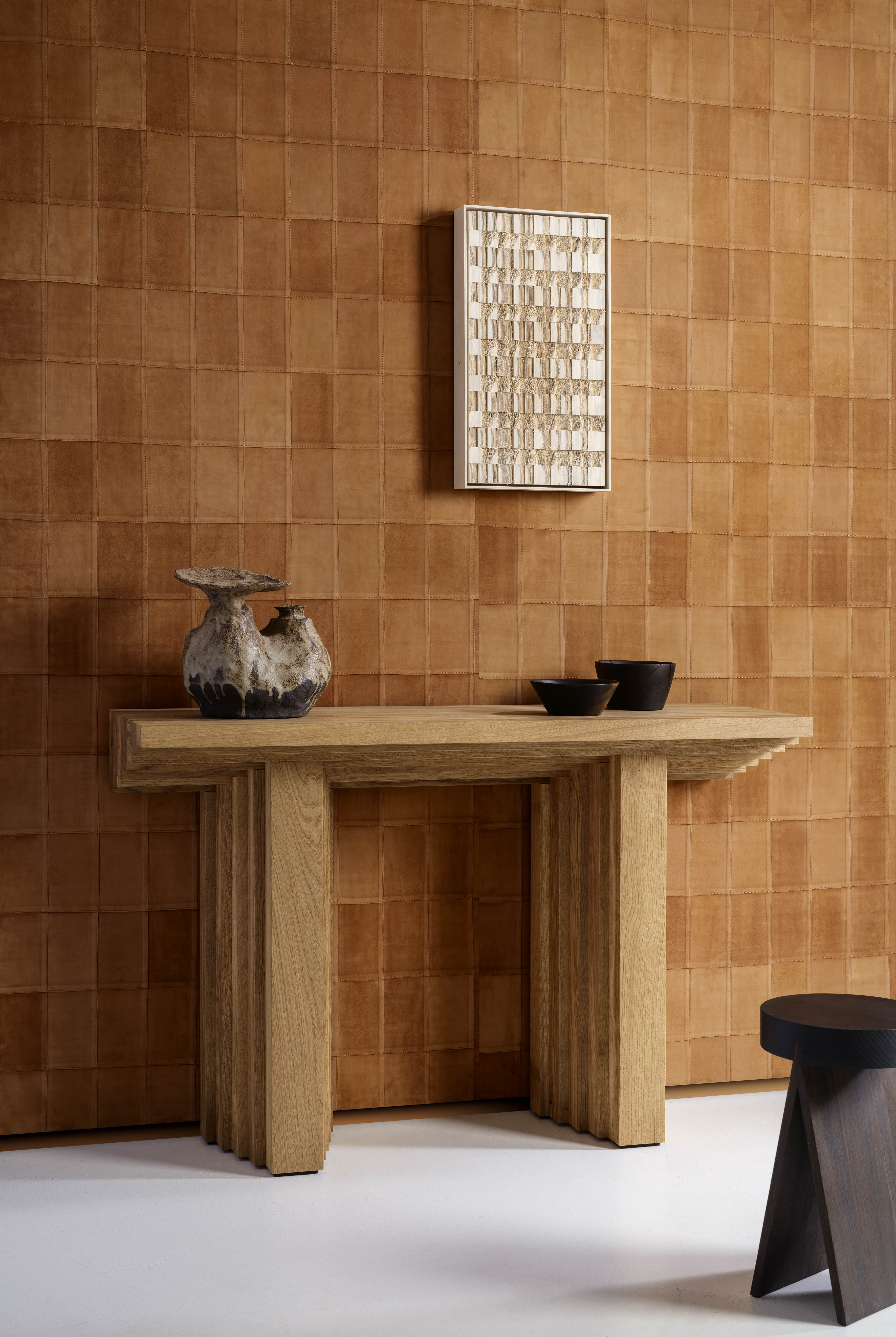 Natural leather wallpaper with geometric pattern AVENIO dark brown