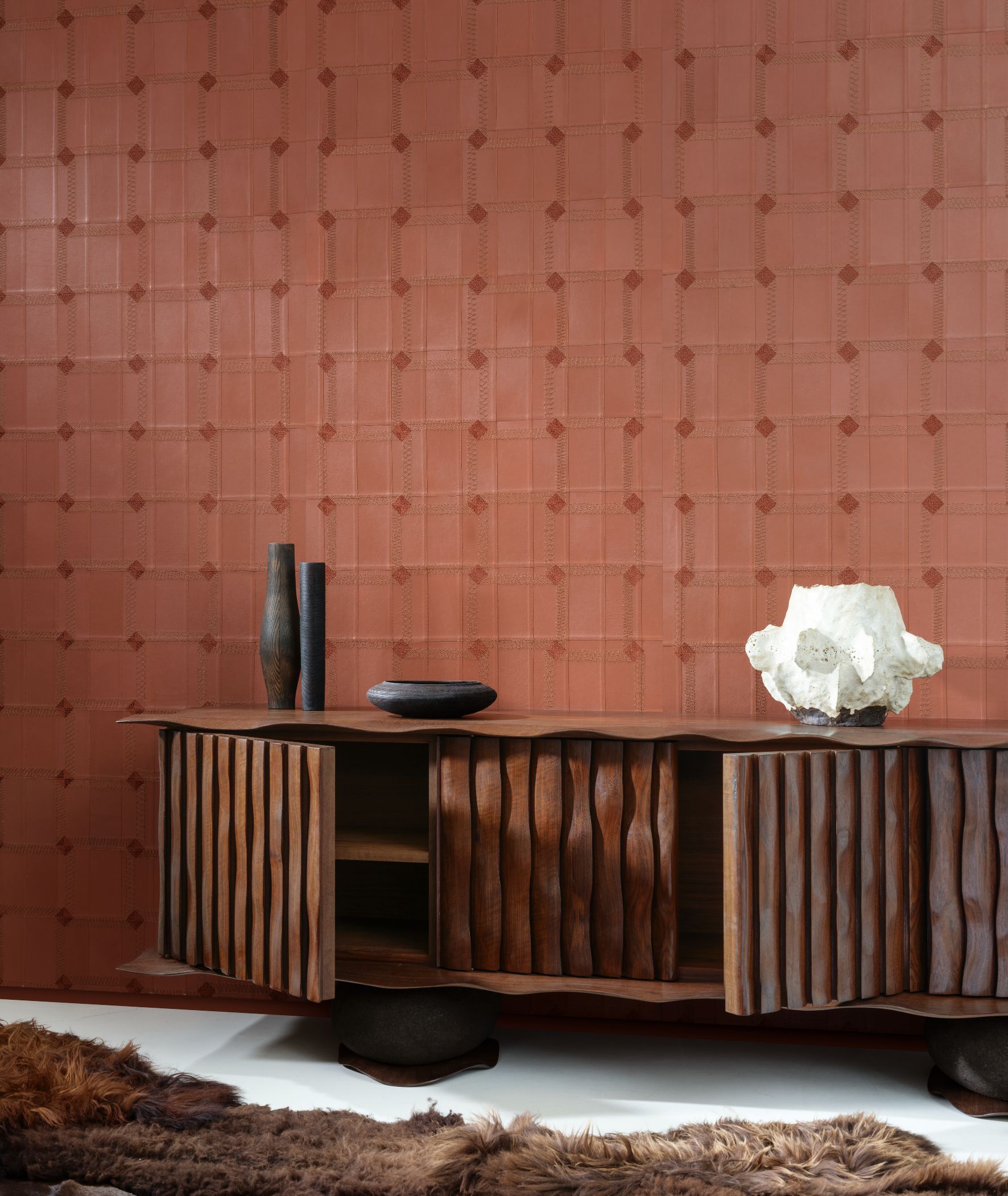 Natural leather wallpaper with geometric pattern CASSONE terracotta