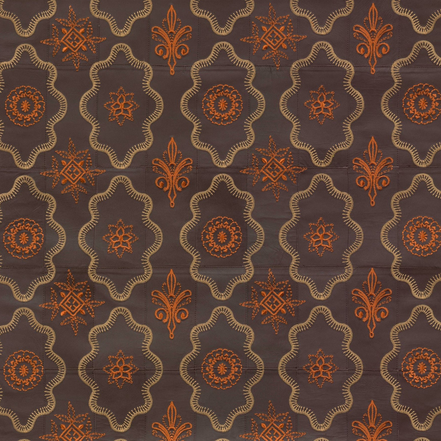 Natural leather wallpaper with geometric pattern DUCTIA brown with orange