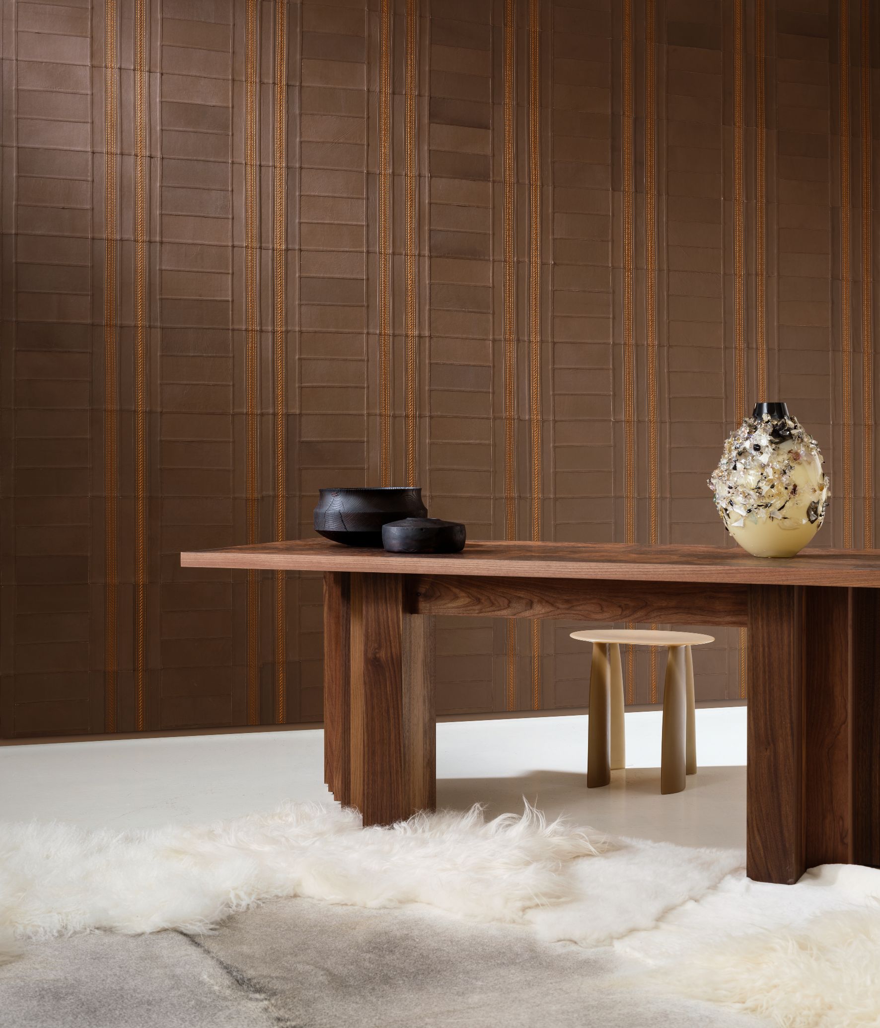 Natural leather wallpaper with geometric pattern GAMBISON brown