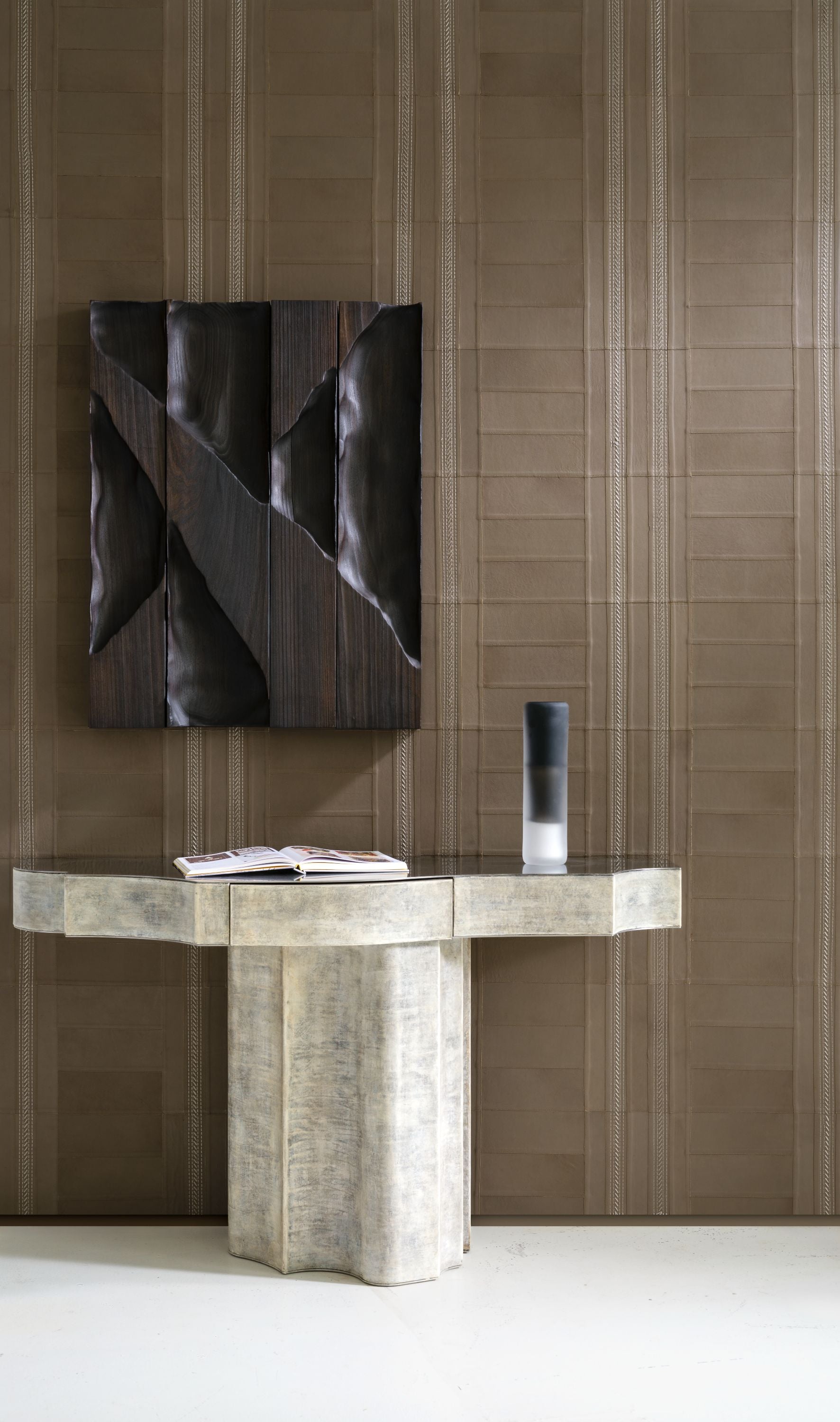 Natural leather wallpaper with geometric pattern GAMBISON gray-brown