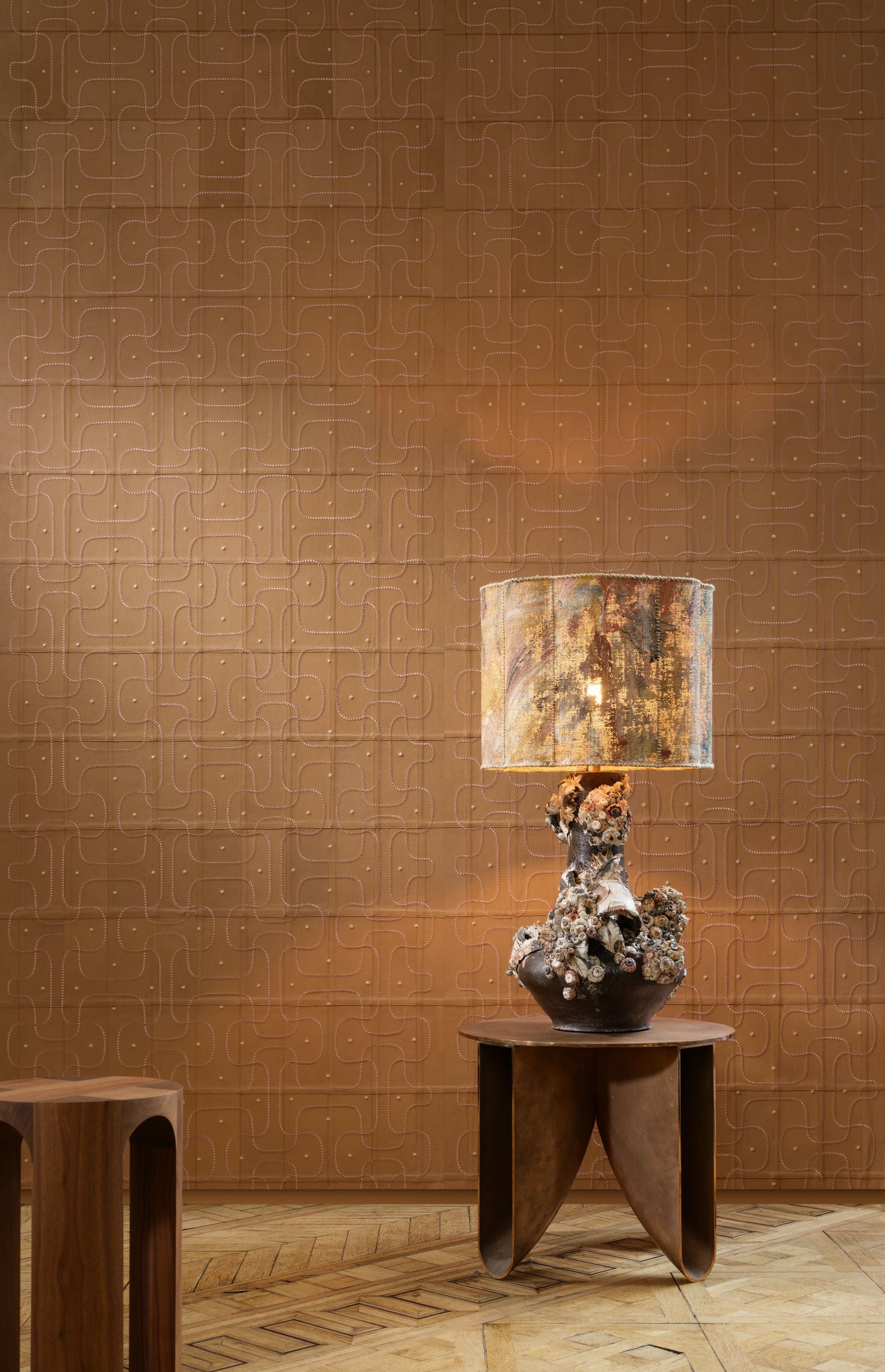 Natural leather wallpaper with geometric pattern JASERAN amber