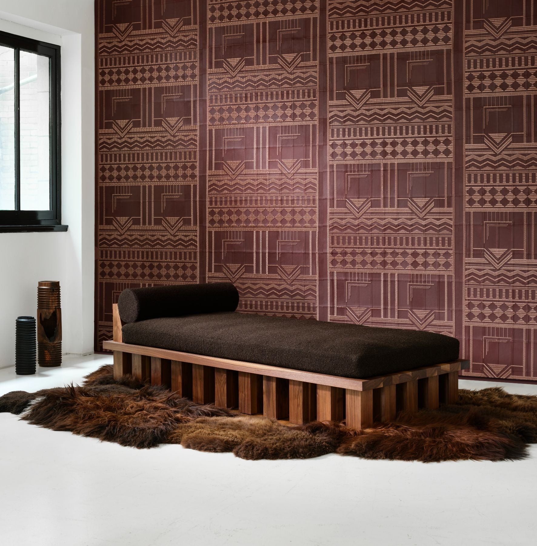 Natural leather wallpaper with geometric pattern PALAZZO burgundy