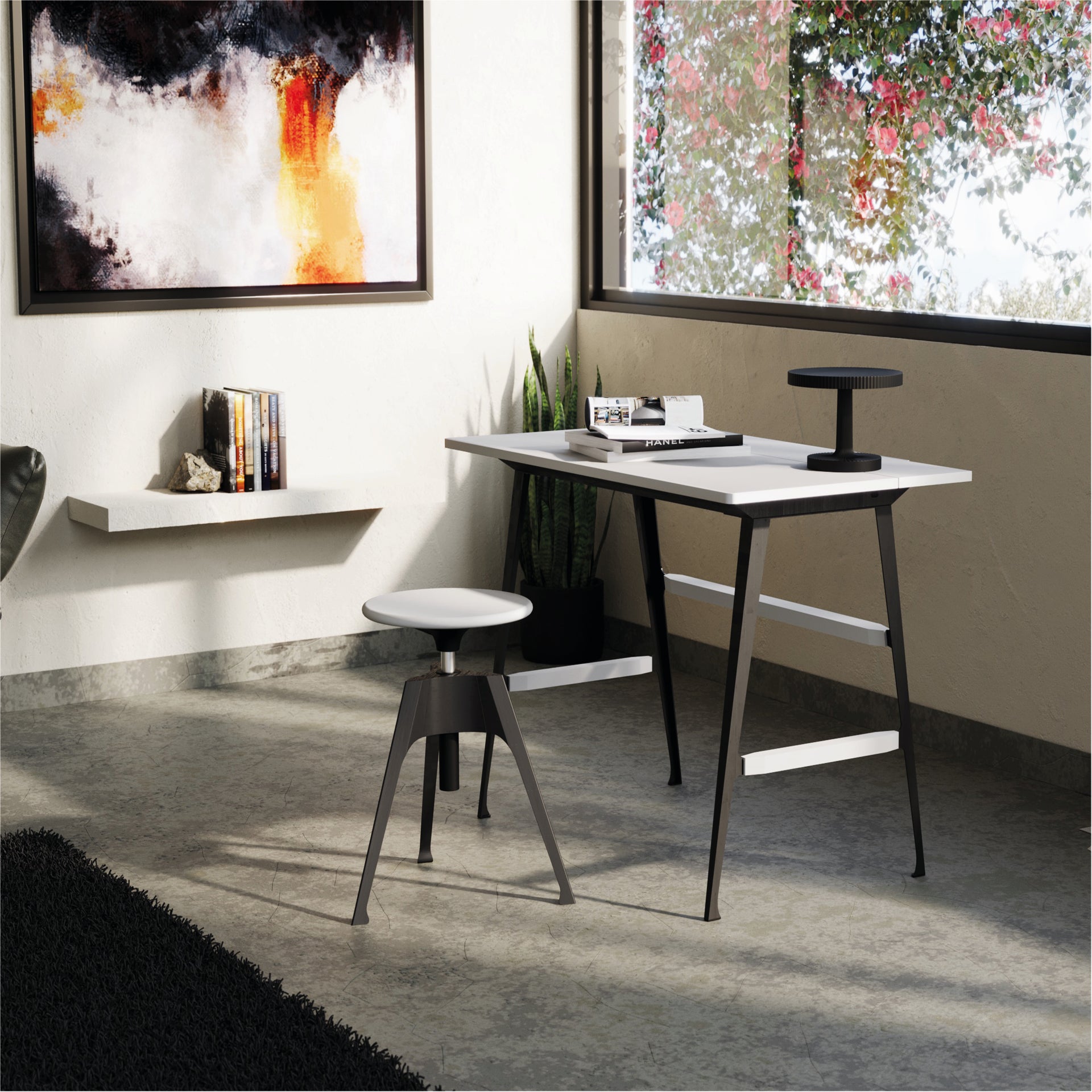 Portable stool Atelier White with a black base