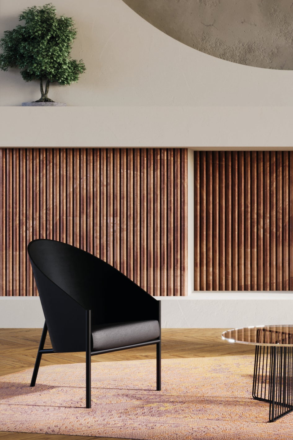 Pratfall chair olive veneer with beige leather